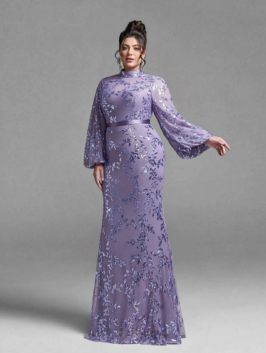 Stand-up Collar,Sequin,Noble,Large Size Evening Gown