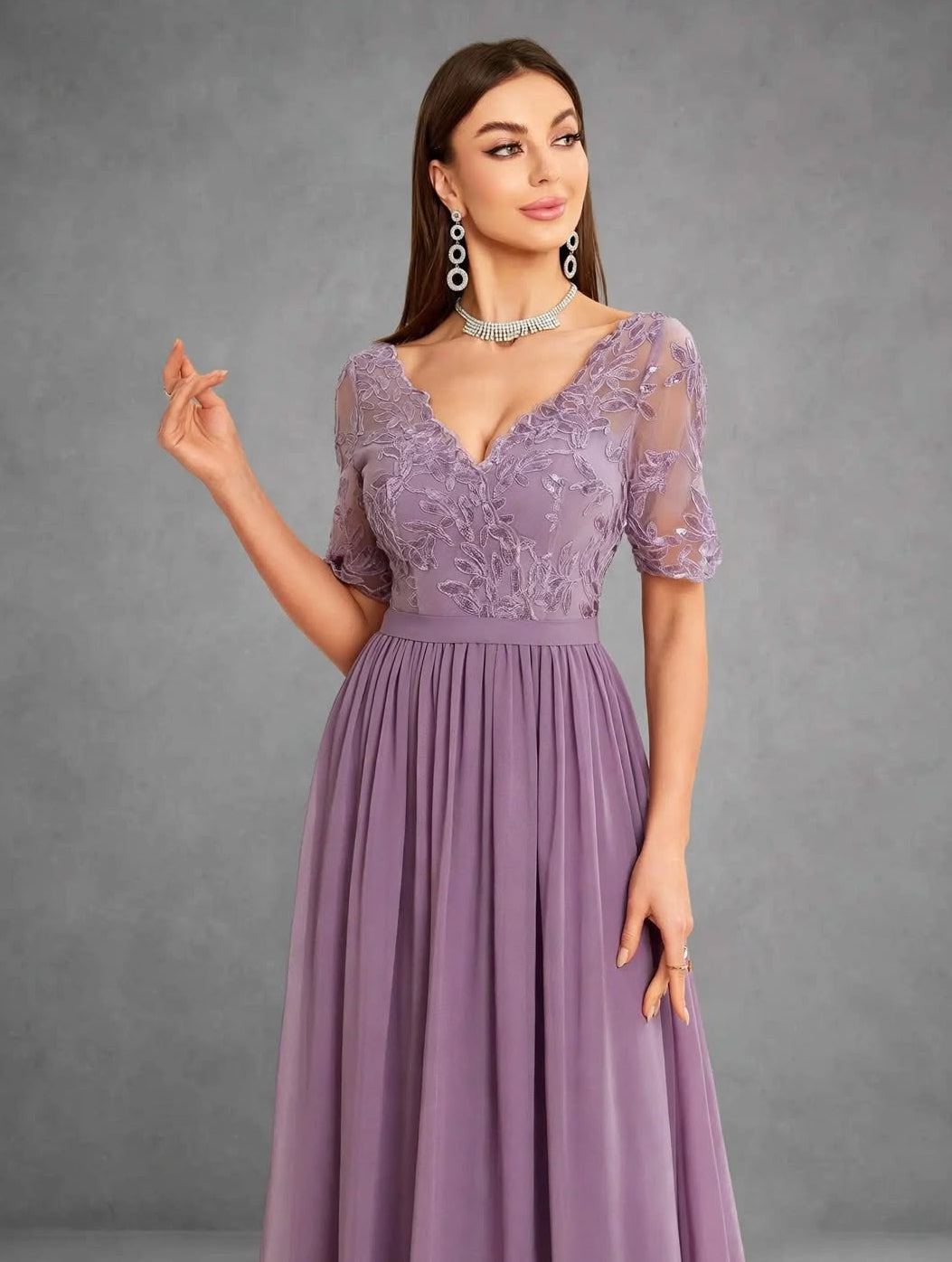 V-Neck Lace Chiffon Evening Dress