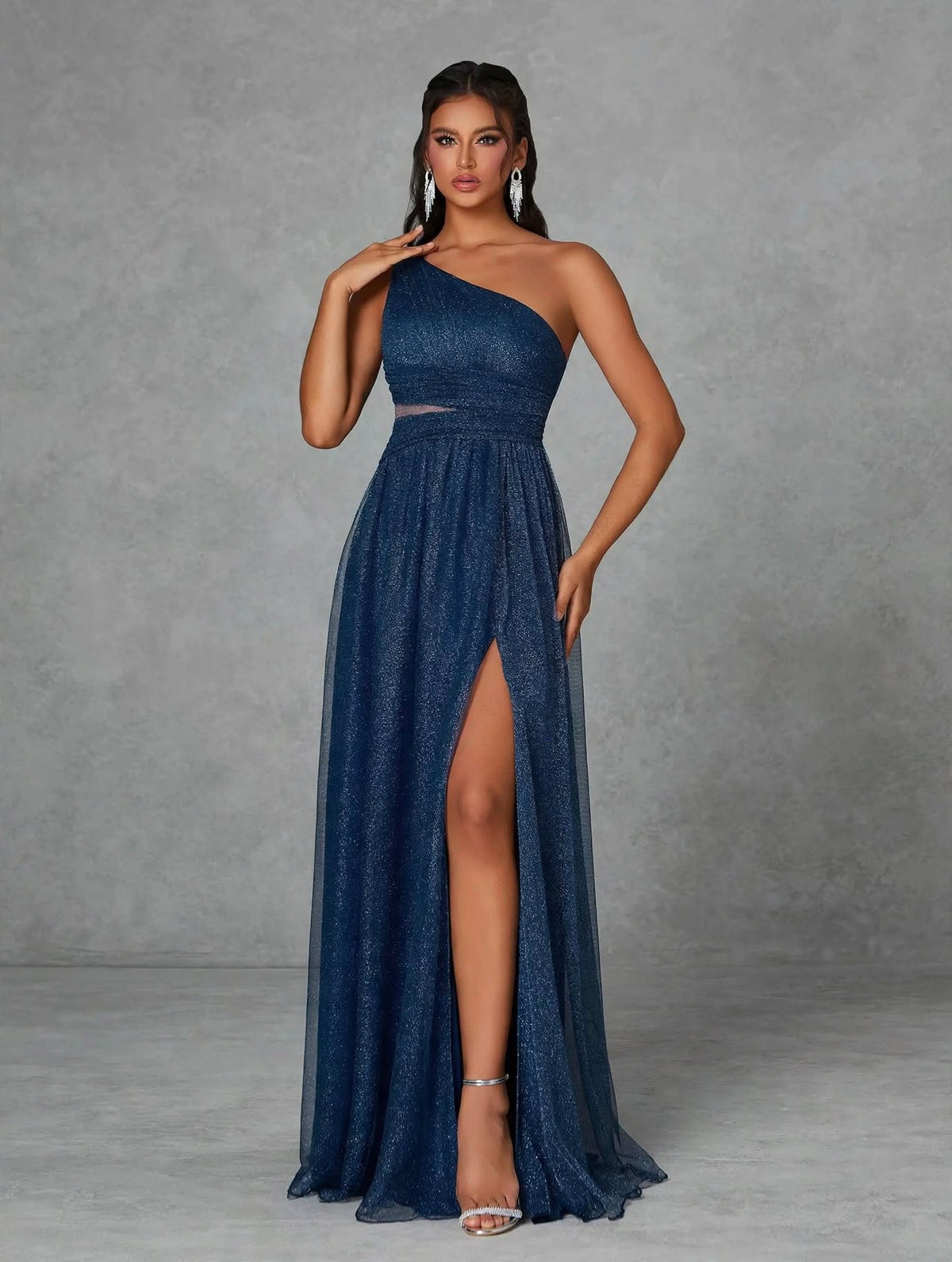 One-Shoulder Pleated Mesh Maxi Dress