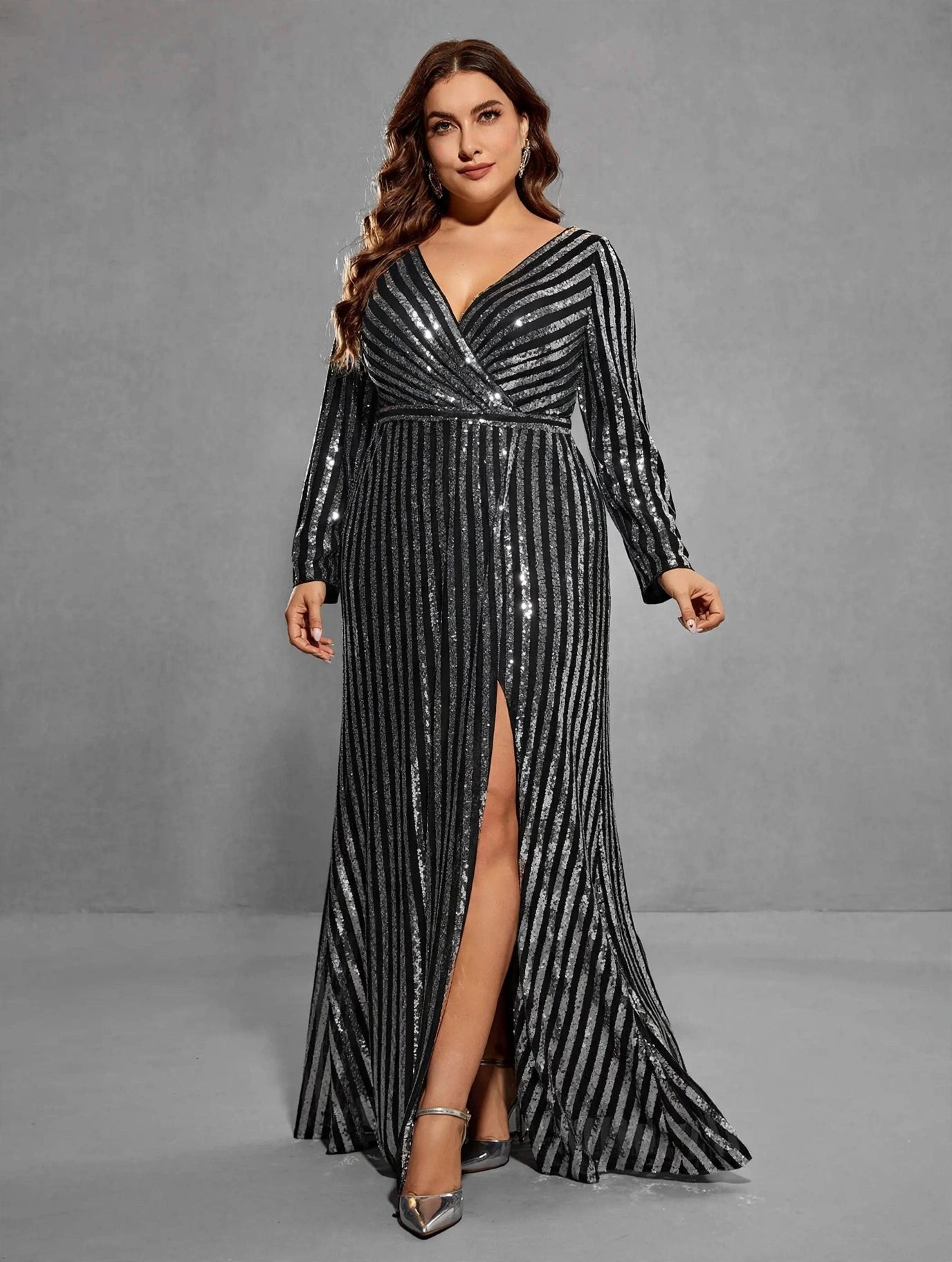 Striped Sequin Slit A-Line Evening Dress