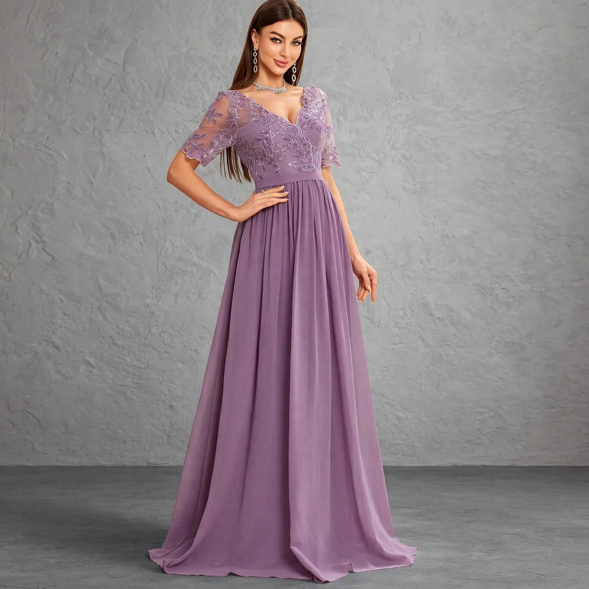 V-Neck Lace Chiffon Evening Dress