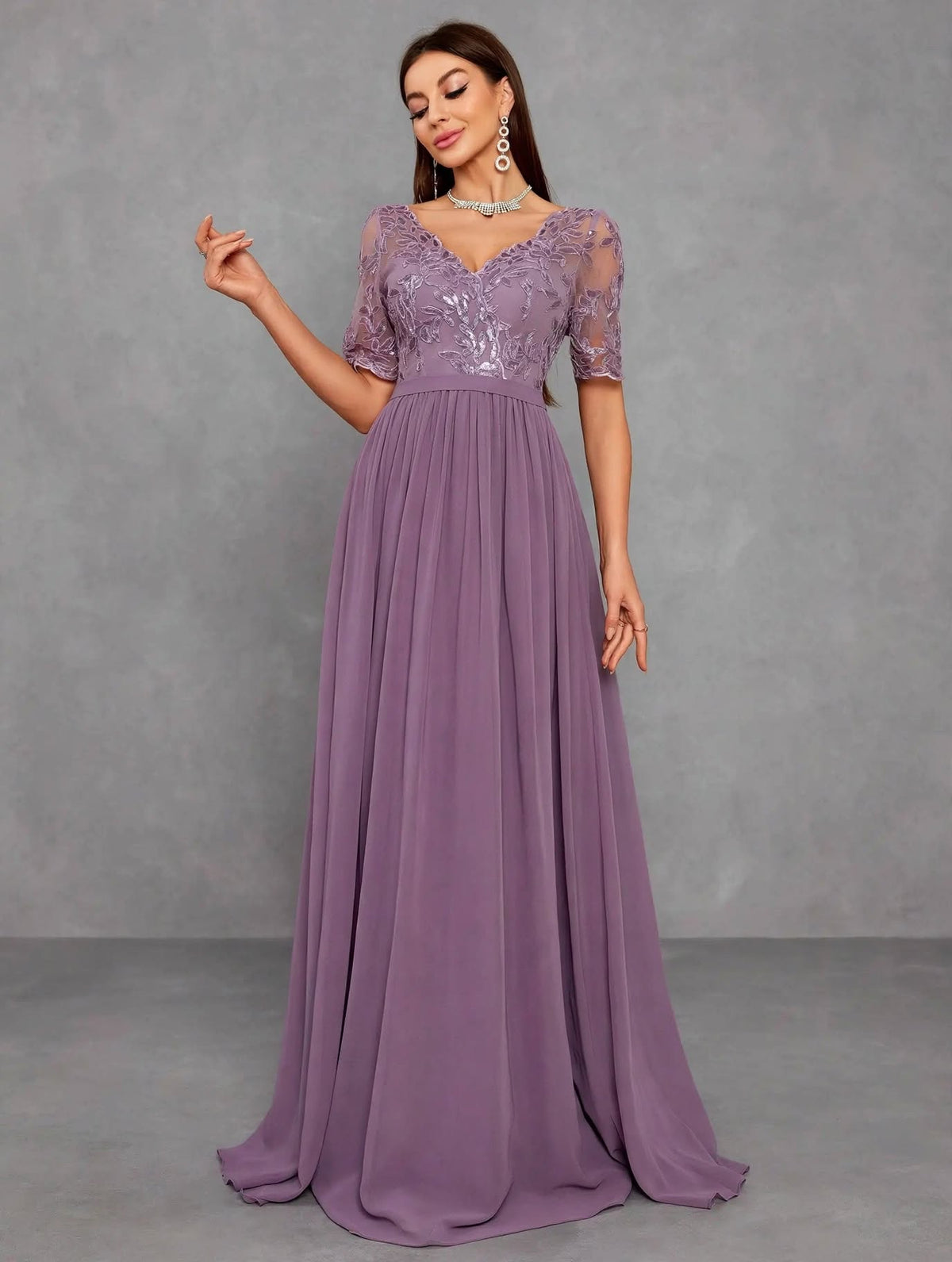 V-Neck Lace Chiffon Evening Dress