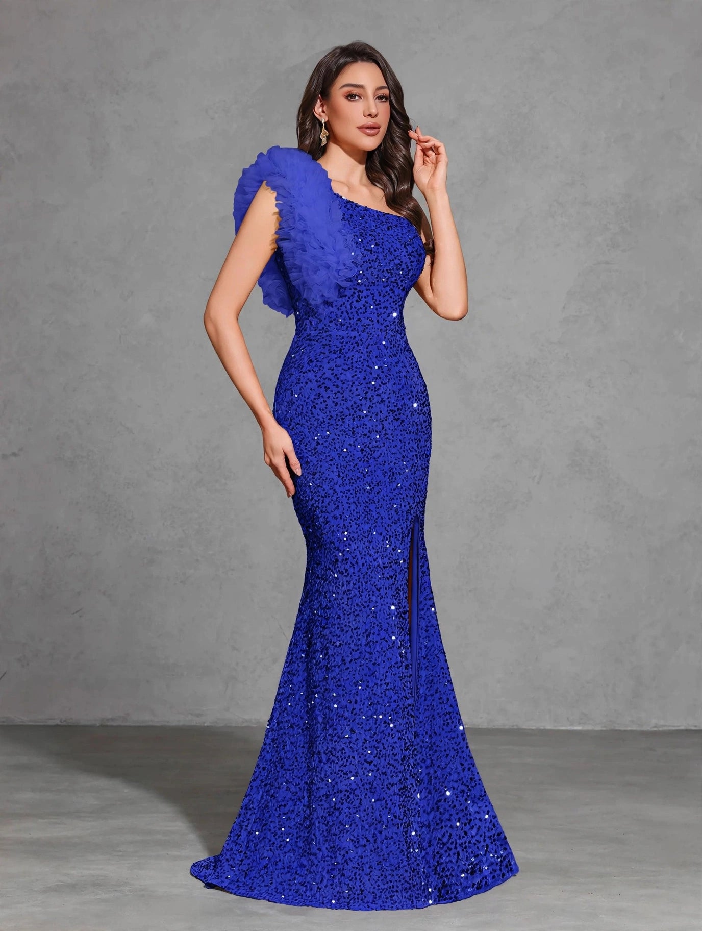 Sequined Off-shoulder Mesh Splicing Decorated Slit Dress