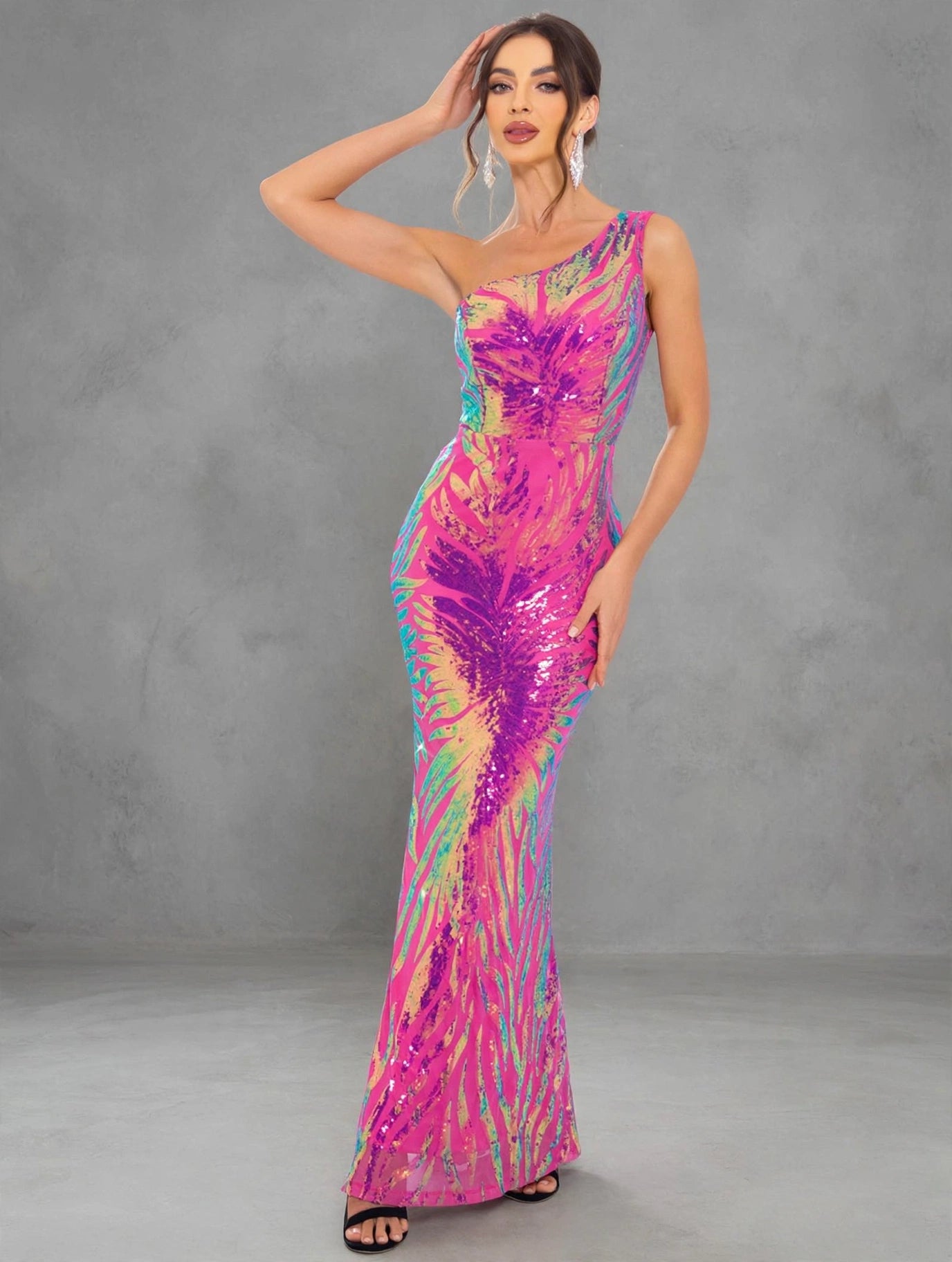 One-Shoulder Floral Sequin Evening Dress