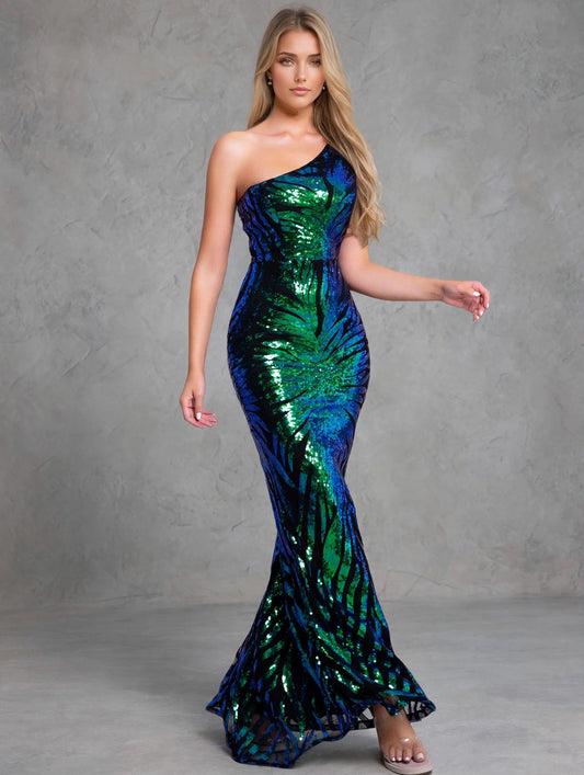 One-Shoulder Floral Sequin Evening Dress