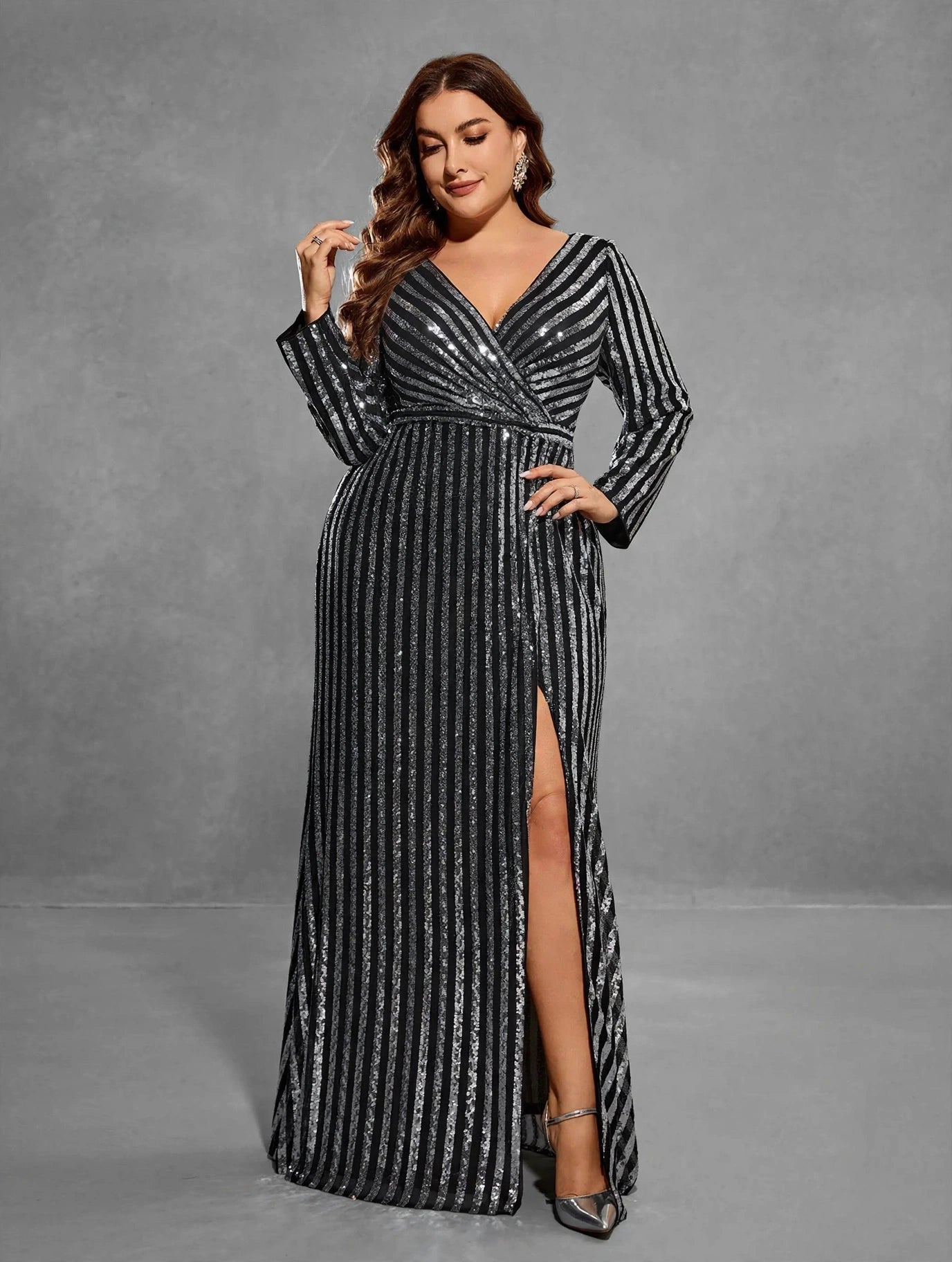 Striped Sequin Slit A-Line Evening Dress