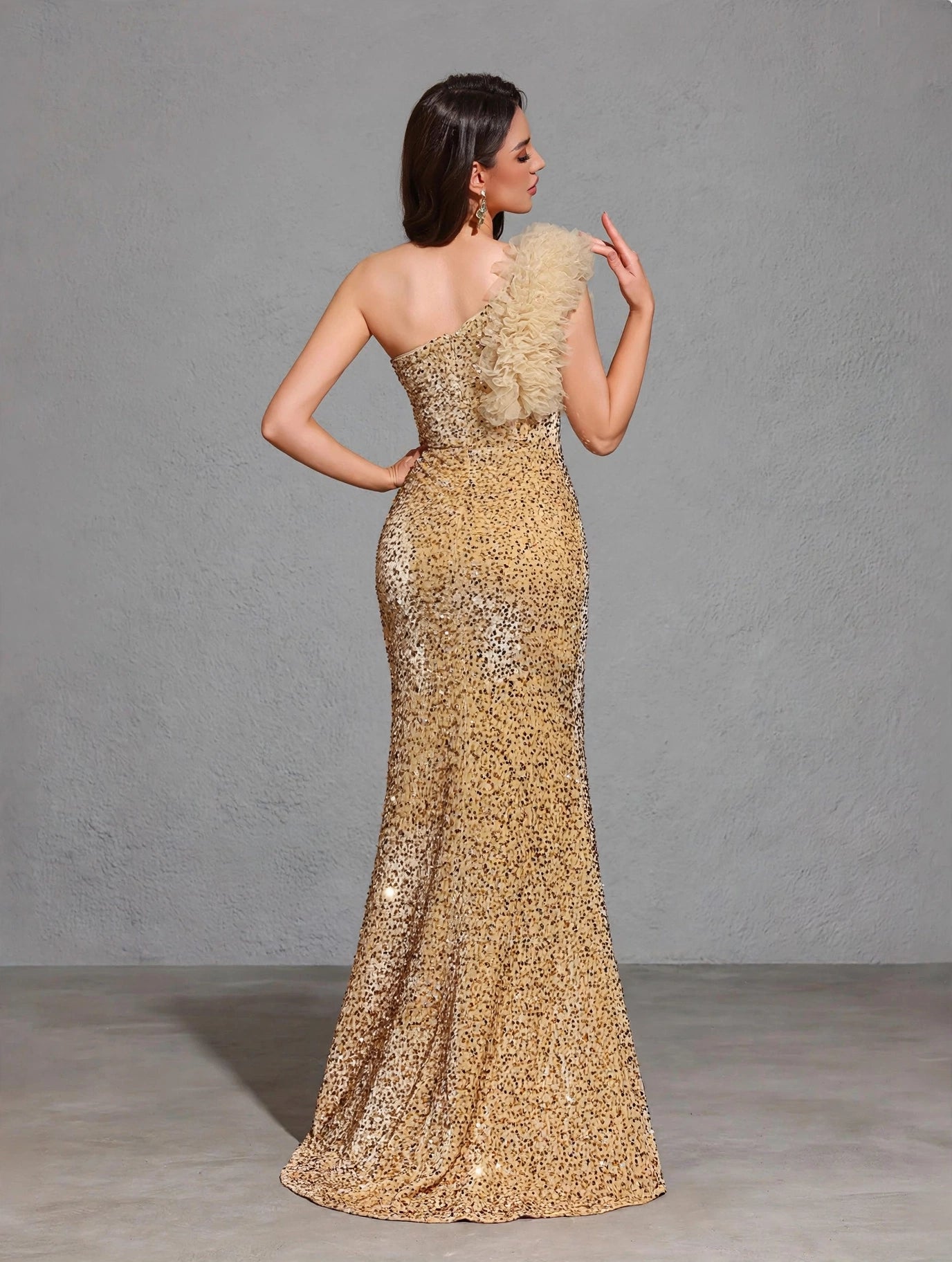 Sequined Off-shoulder Mesh Splicing Decorated Slit Dress