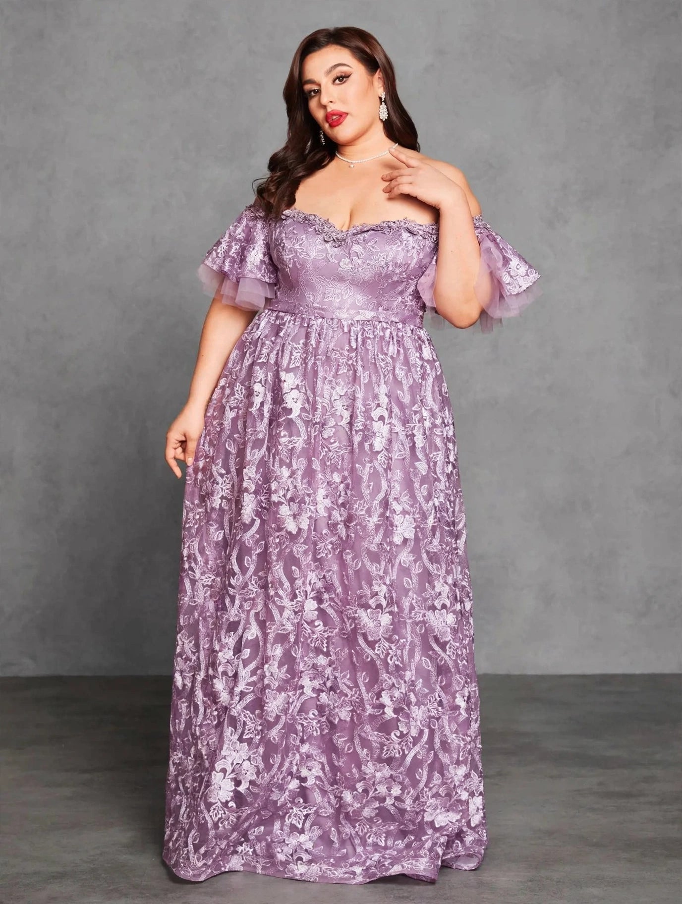 Embroidered Lace Flared-Sleeve Maxi Dress