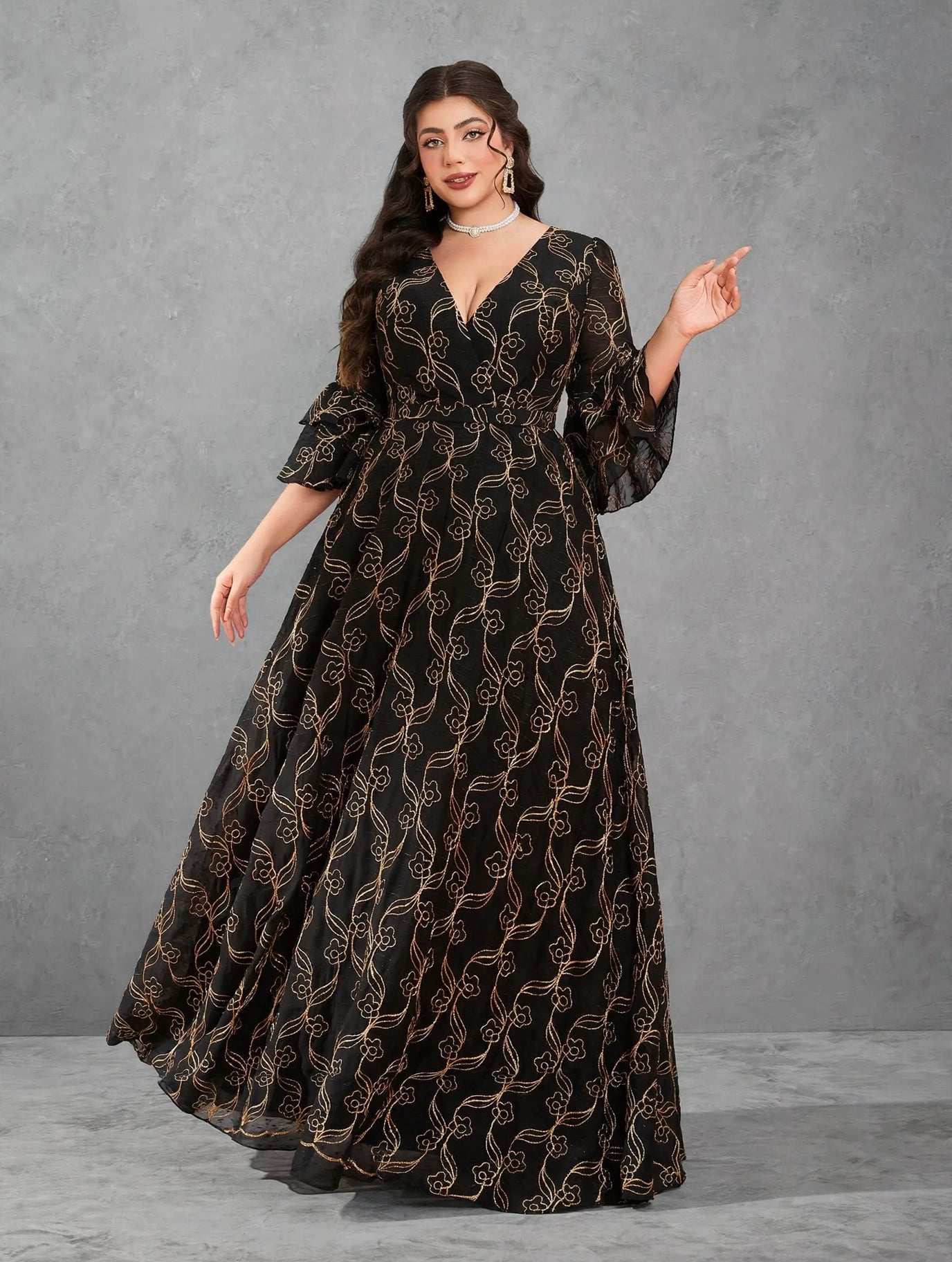 Gold Embroidered Chiffon Evening Gown
