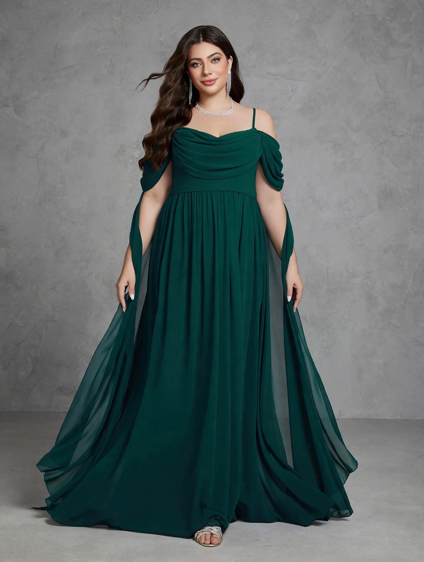 High-end Evening Dress with One-shoulder Halter, Pearl Chiffon