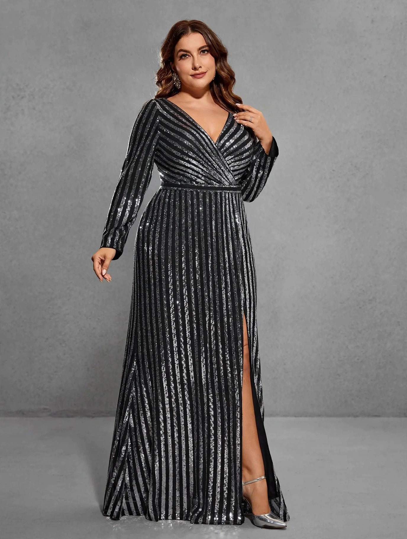 Striped Sequin Slit A-Line Evening Dress