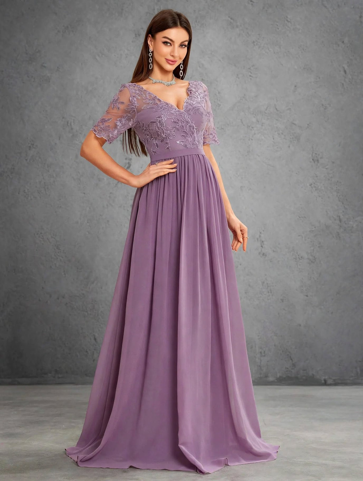 V-Neck Lace Chiffon Evening Dress