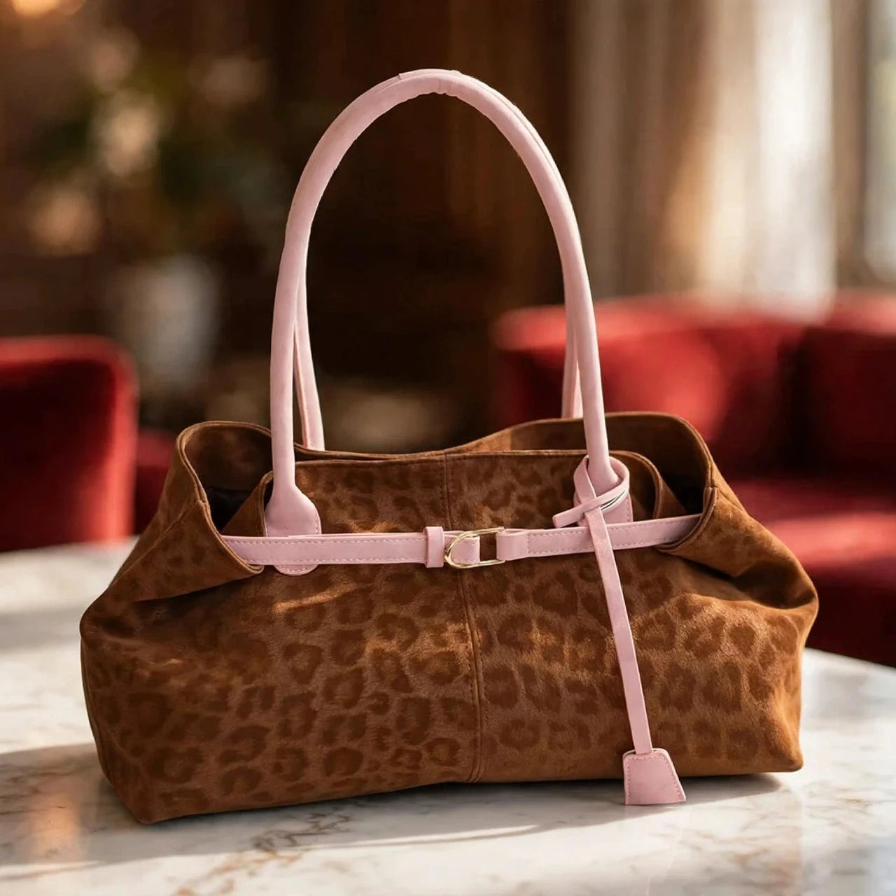 Leopard print PU leather tote bag.