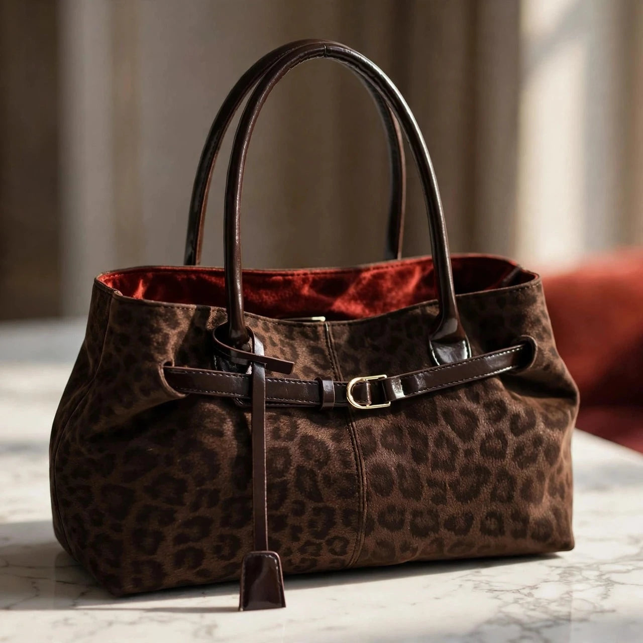 Leopard print PU leather tote bag.