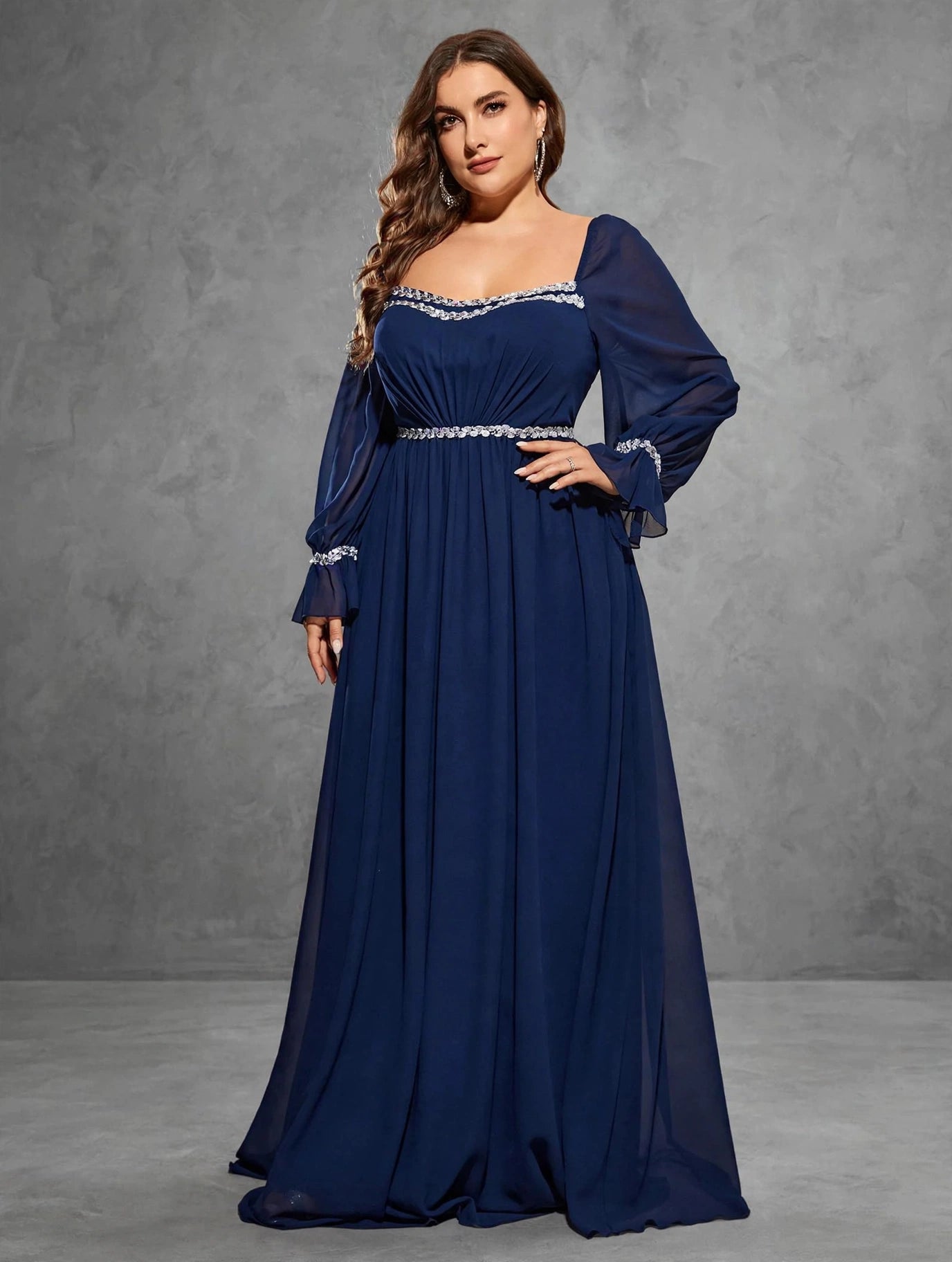 Sequin Ribbon-Trim Evening Gown