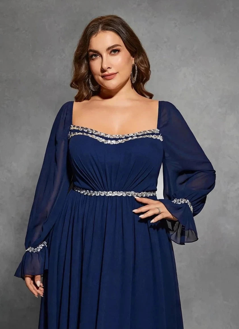 Sequin Ribbon-Trim Evening Gown