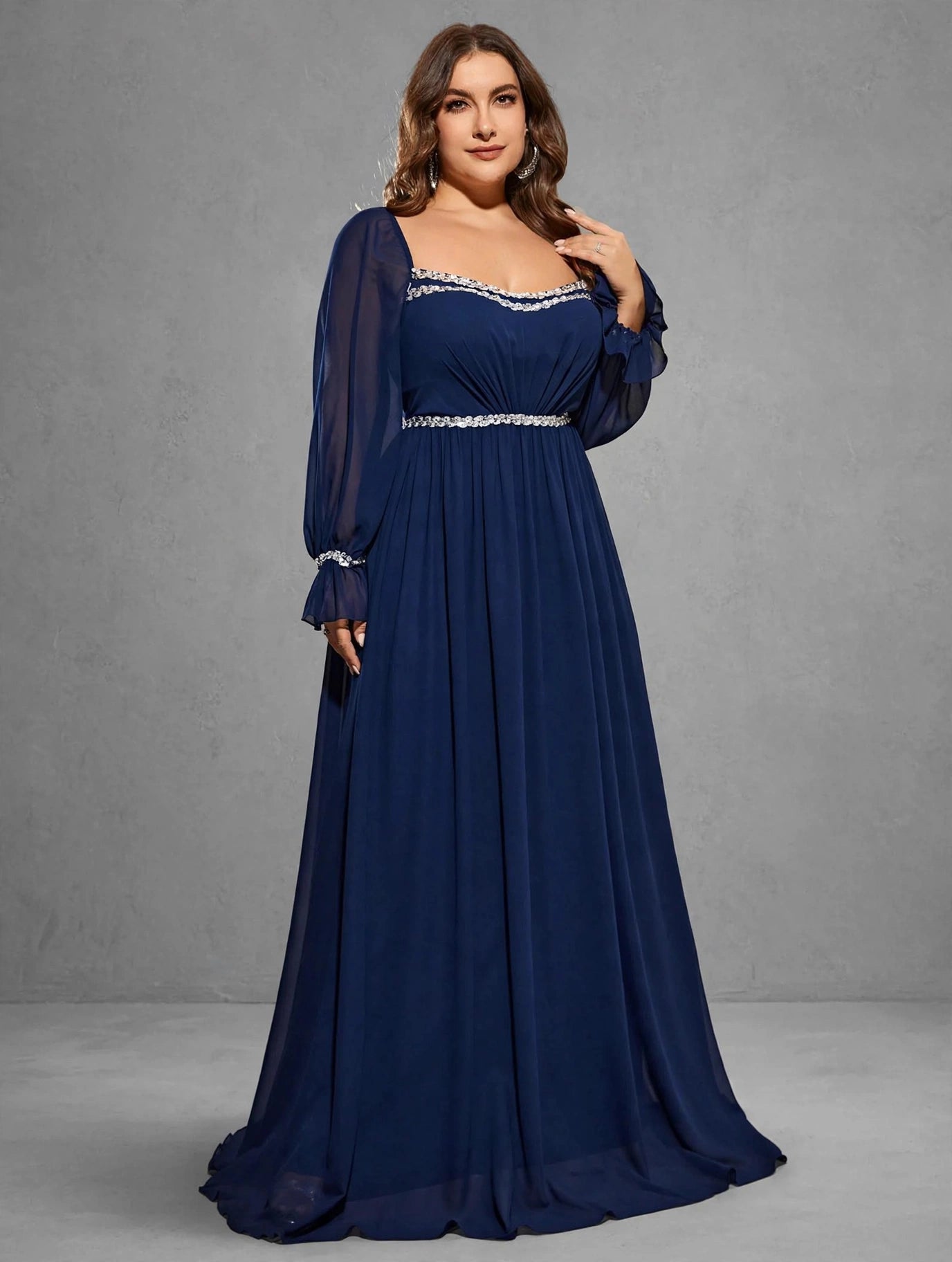 Sequin Ribbon-Trim Evening Gown