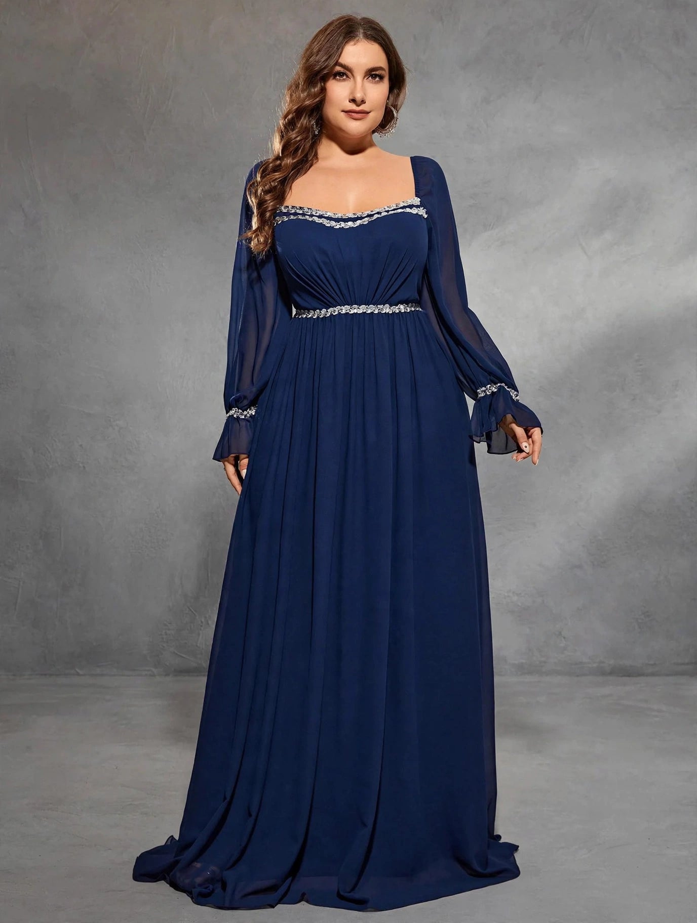 Sequin Ribbon-Trim Evening Gown