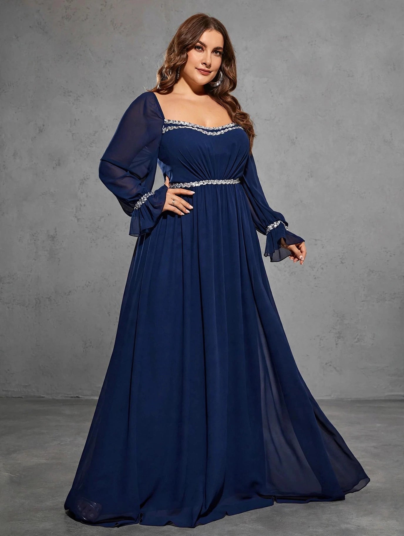 Sequin Ribbon-Trim Evening Gown