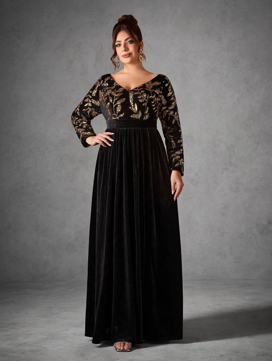 Long-Sleeve Velvet Sequin Maxi Dress