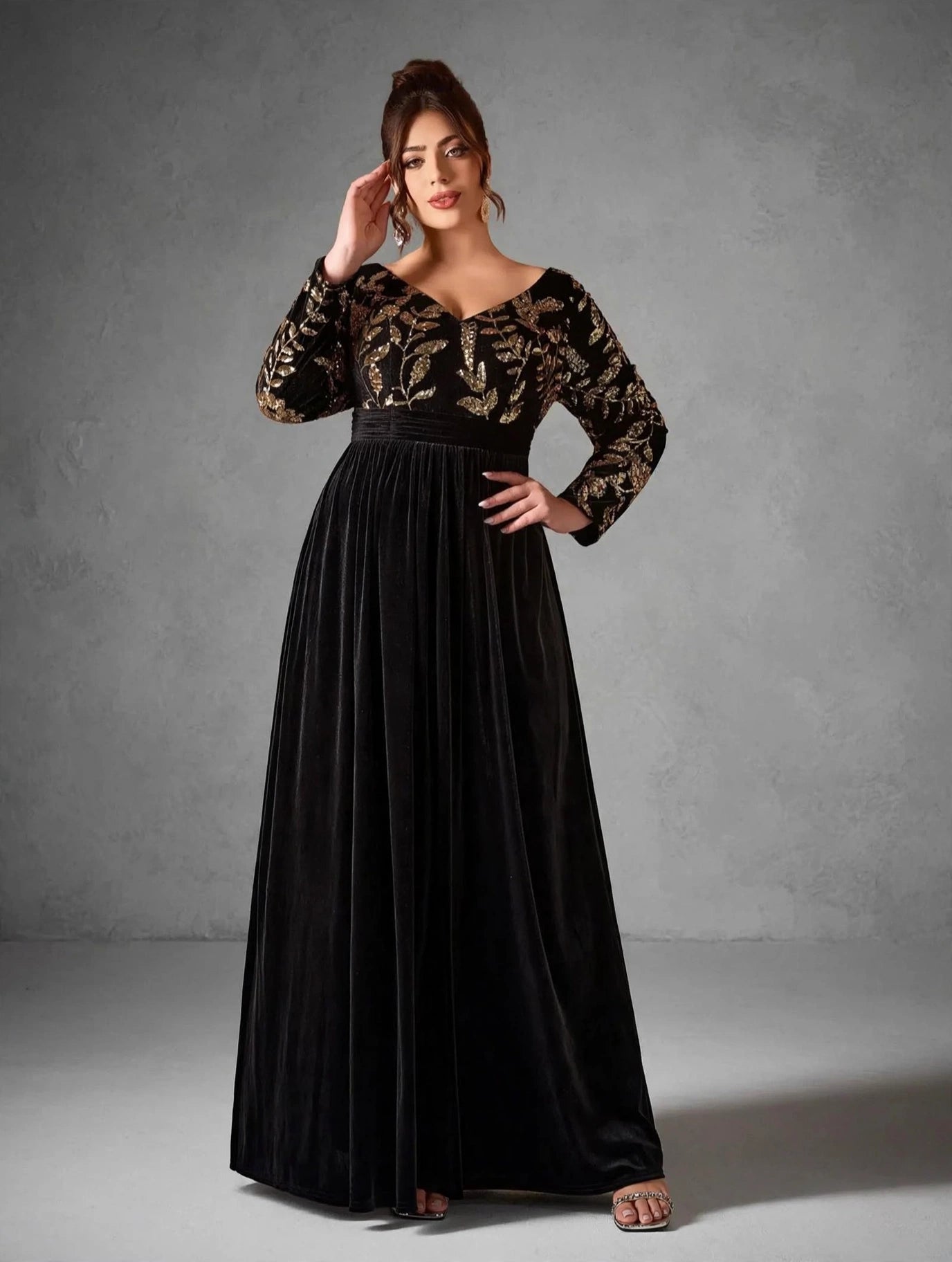 Long-Sleeve Velvet Sequin Maxi Dress