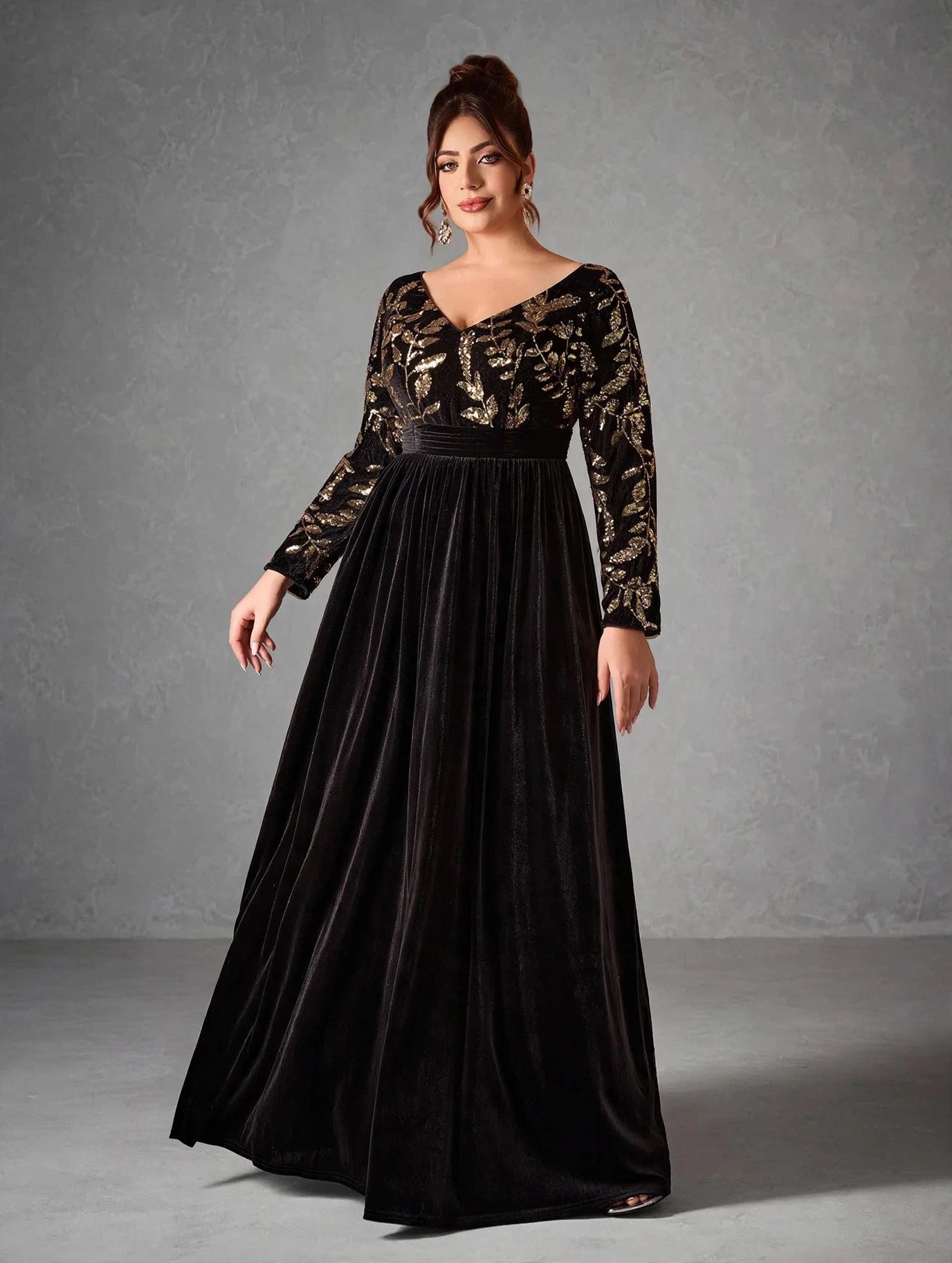 Long-Sleeve Velvet Sequin Maxi Dress