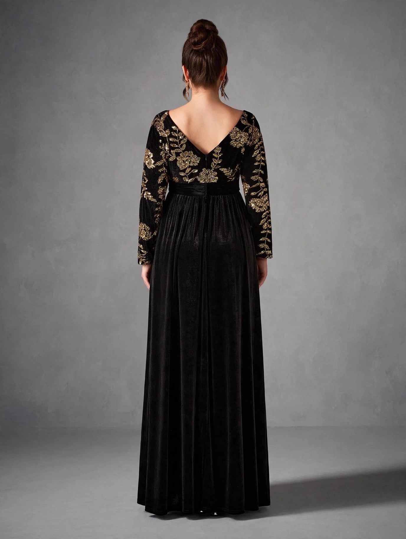 Long-Sleeve Velvet Sequin Maxi Dress