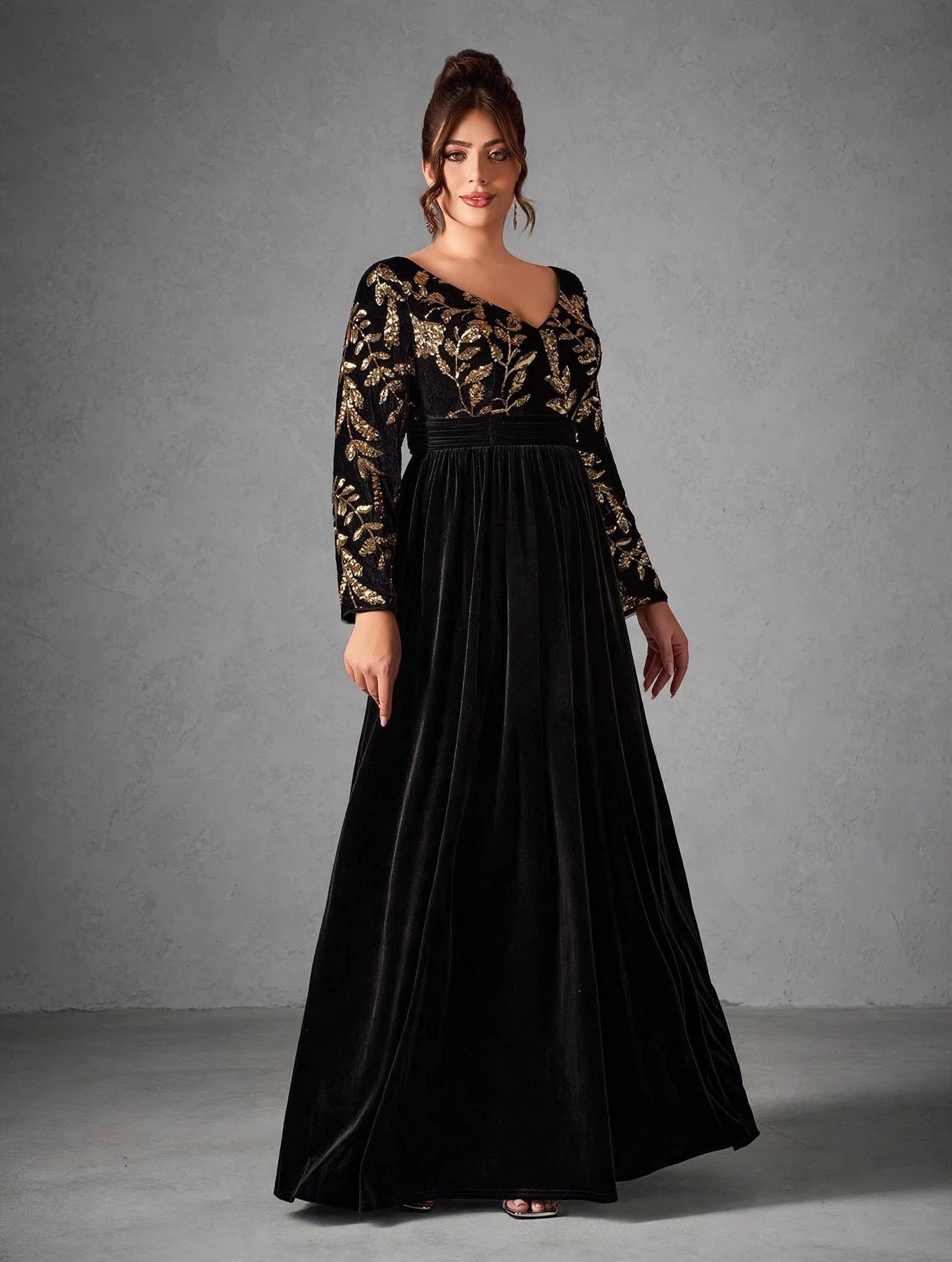 Long-Sleeve Velvet Sequin Maxi Dress