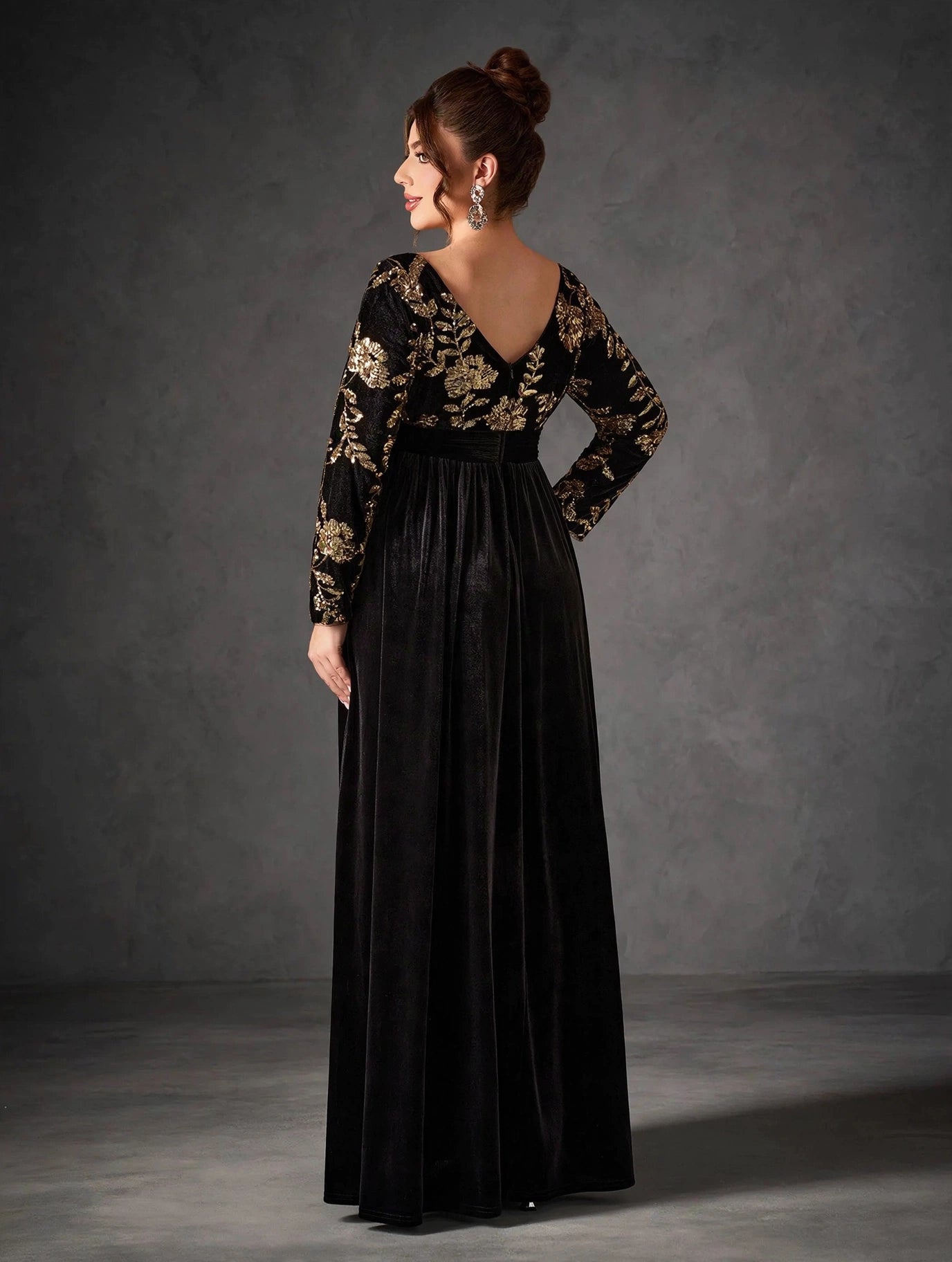 Long-Sleeve Velvet Sequin Maxi Dress