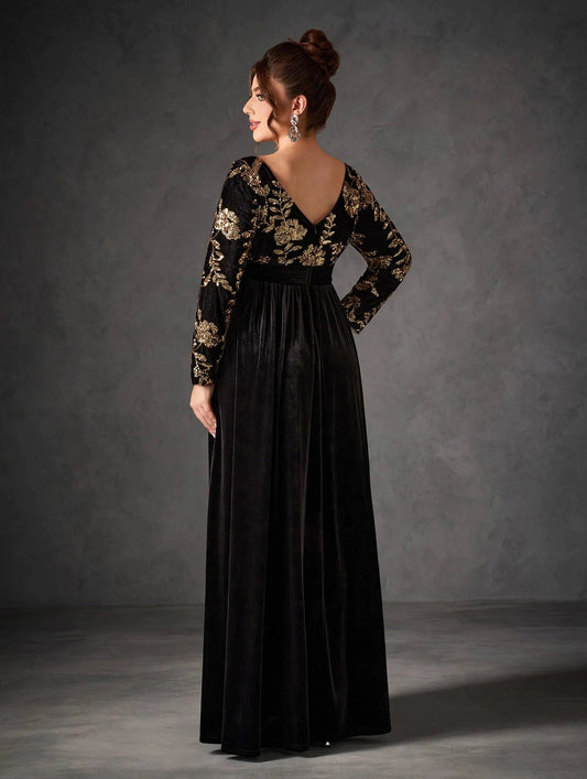 Long-Sleeve Velvet Sequin Maxi Dress