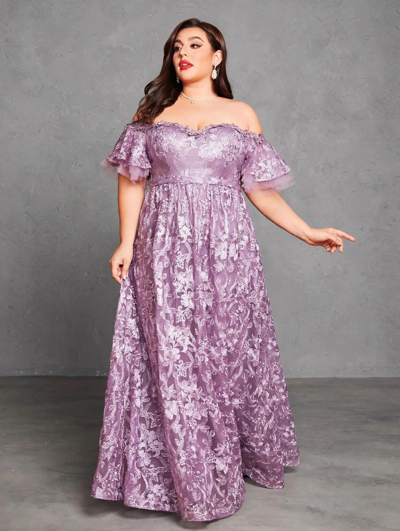 Embroidered Lace Flared-Sleeve Maxi Dress
