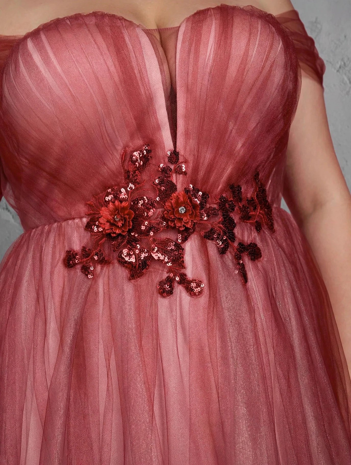 One-Shoulder Floral Mesh Evening Gown