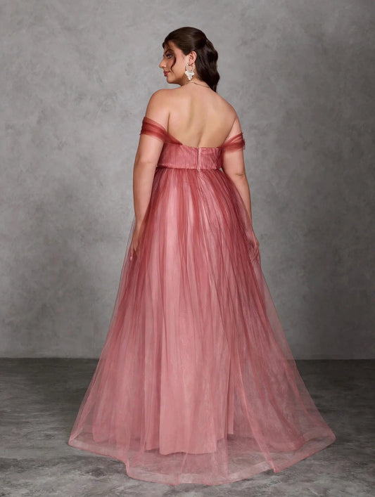 One-Shoulder Floral Mesh Evening Gown