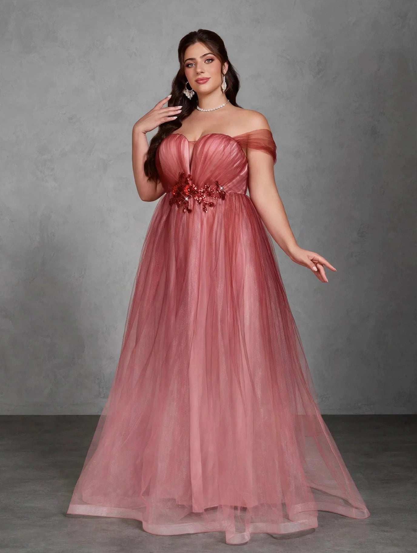 One-Shoulder Floral Mesh Evening Gown