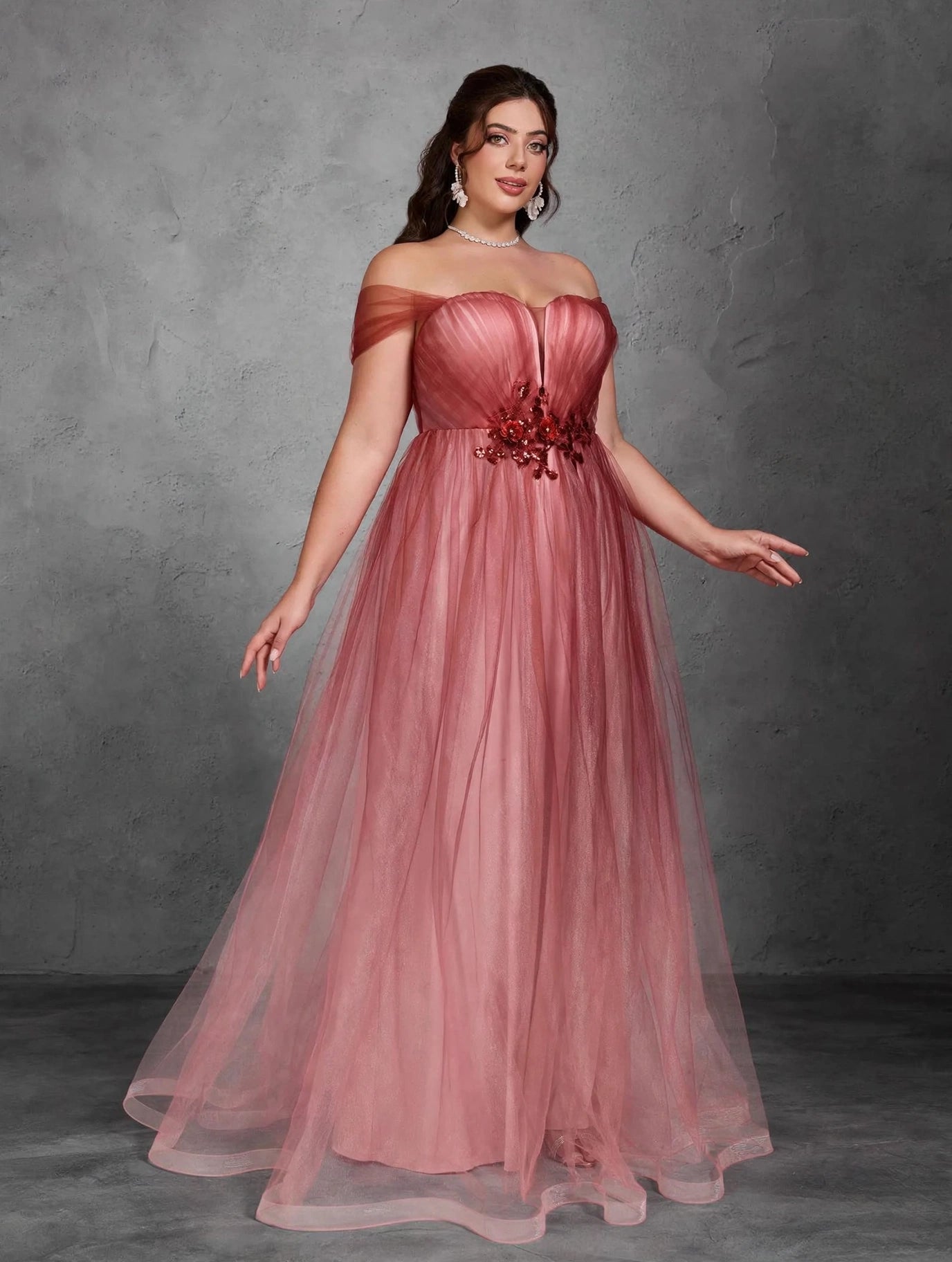 One-Shoulder Floral Mesh Evening Gown