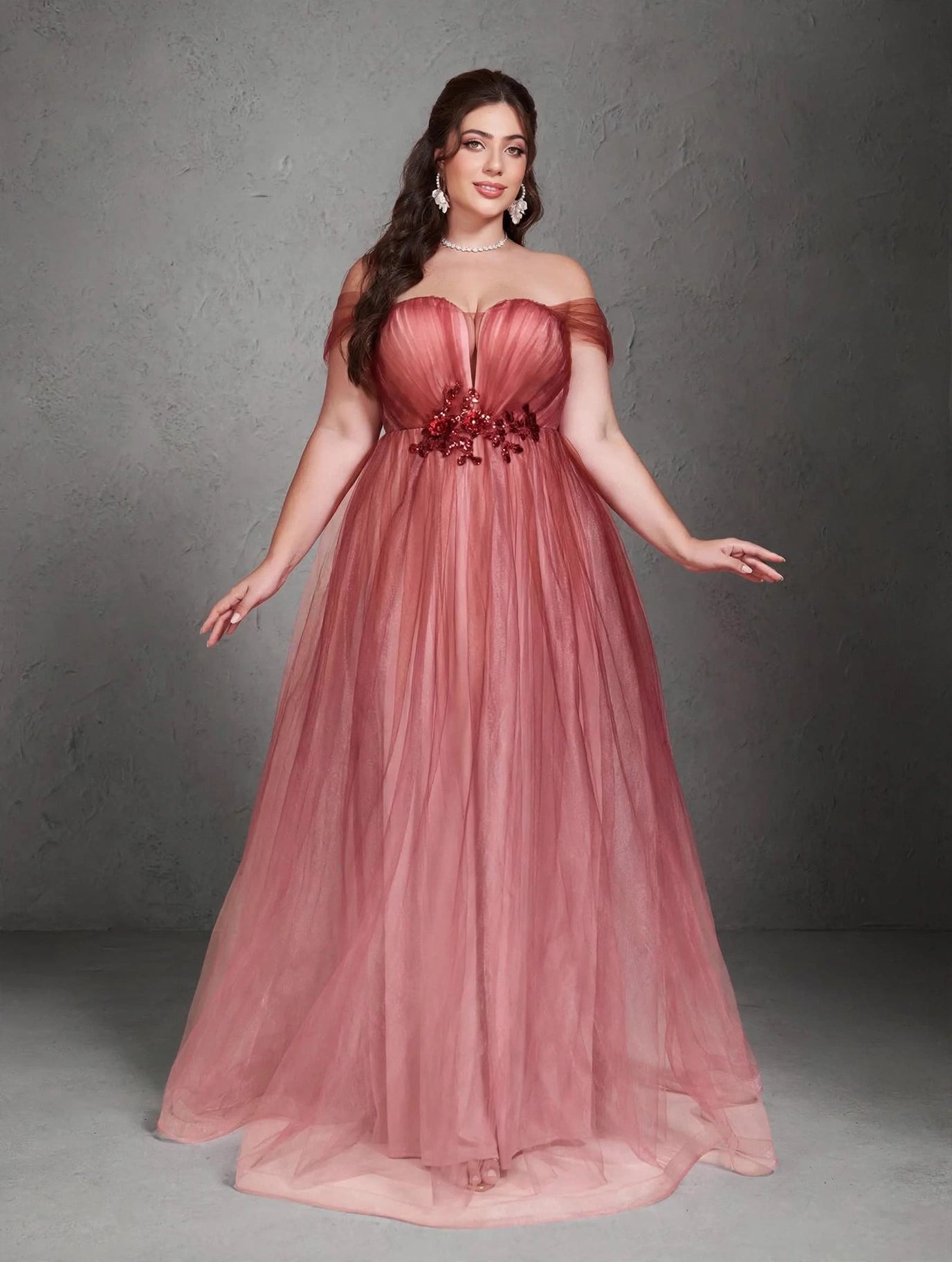 One-Shoulder Floral Mesh Evening Gown