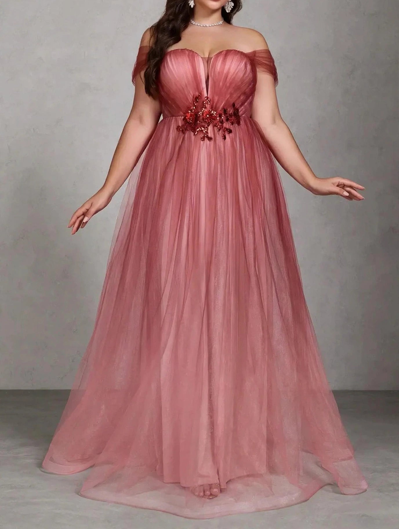 One-Shoulder Floral Mesh Evening Gown