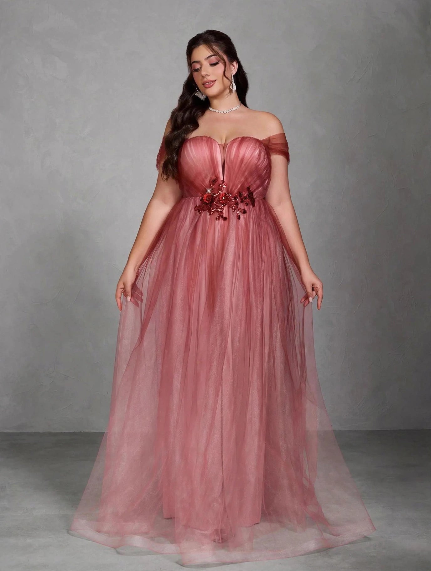 One-Shoulder Floral Mesh Evening Gown