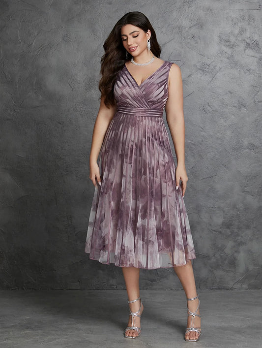 V-neck Sleeveless Printed Chiffon Dress with Wide Straps and
