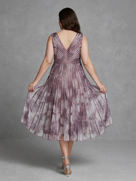 V-neck Sleeveless Printed Chiffon Dress with Wide Straps and
