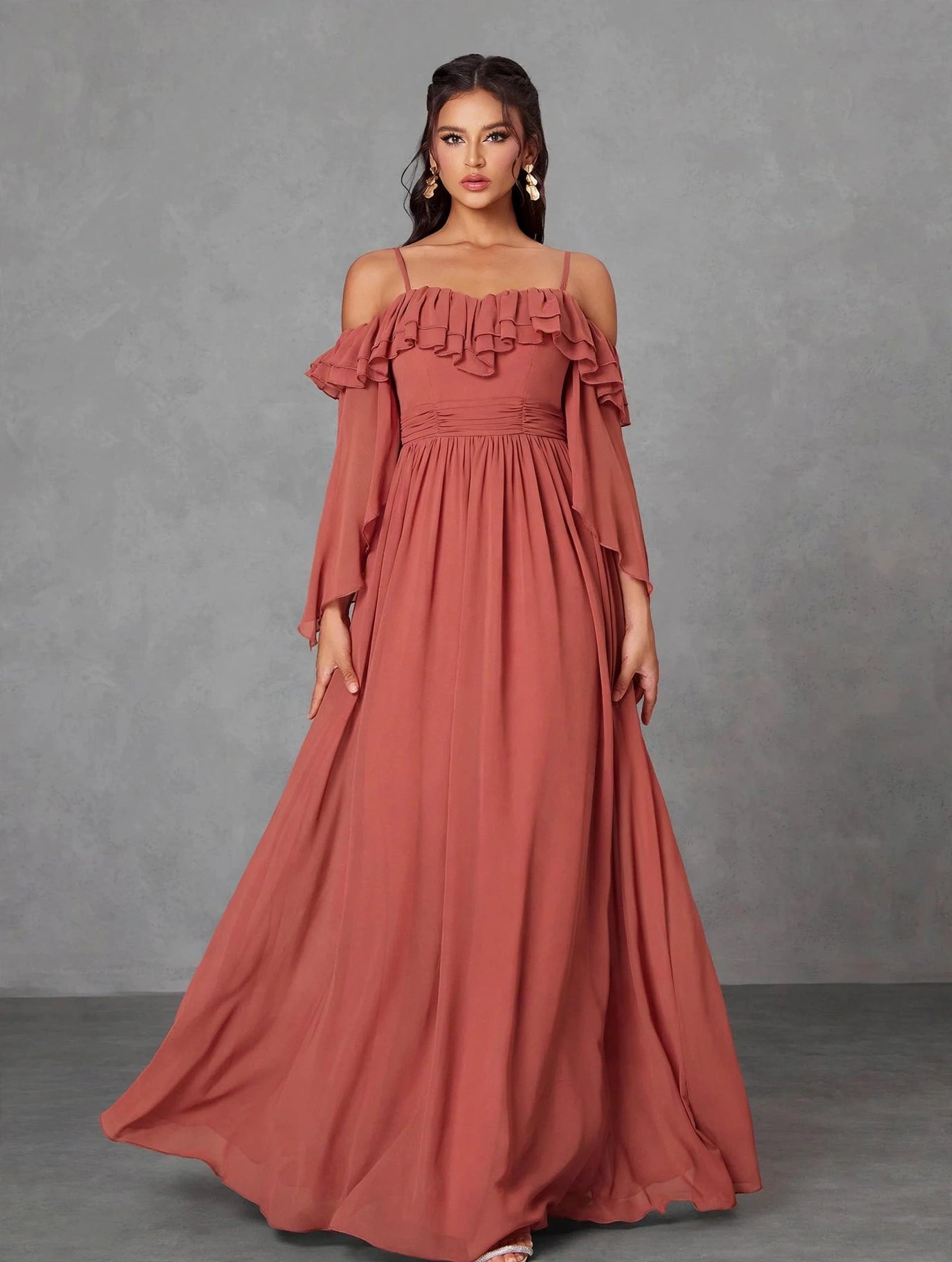 One Shoulder Ruffle Chiffon Evening Gown