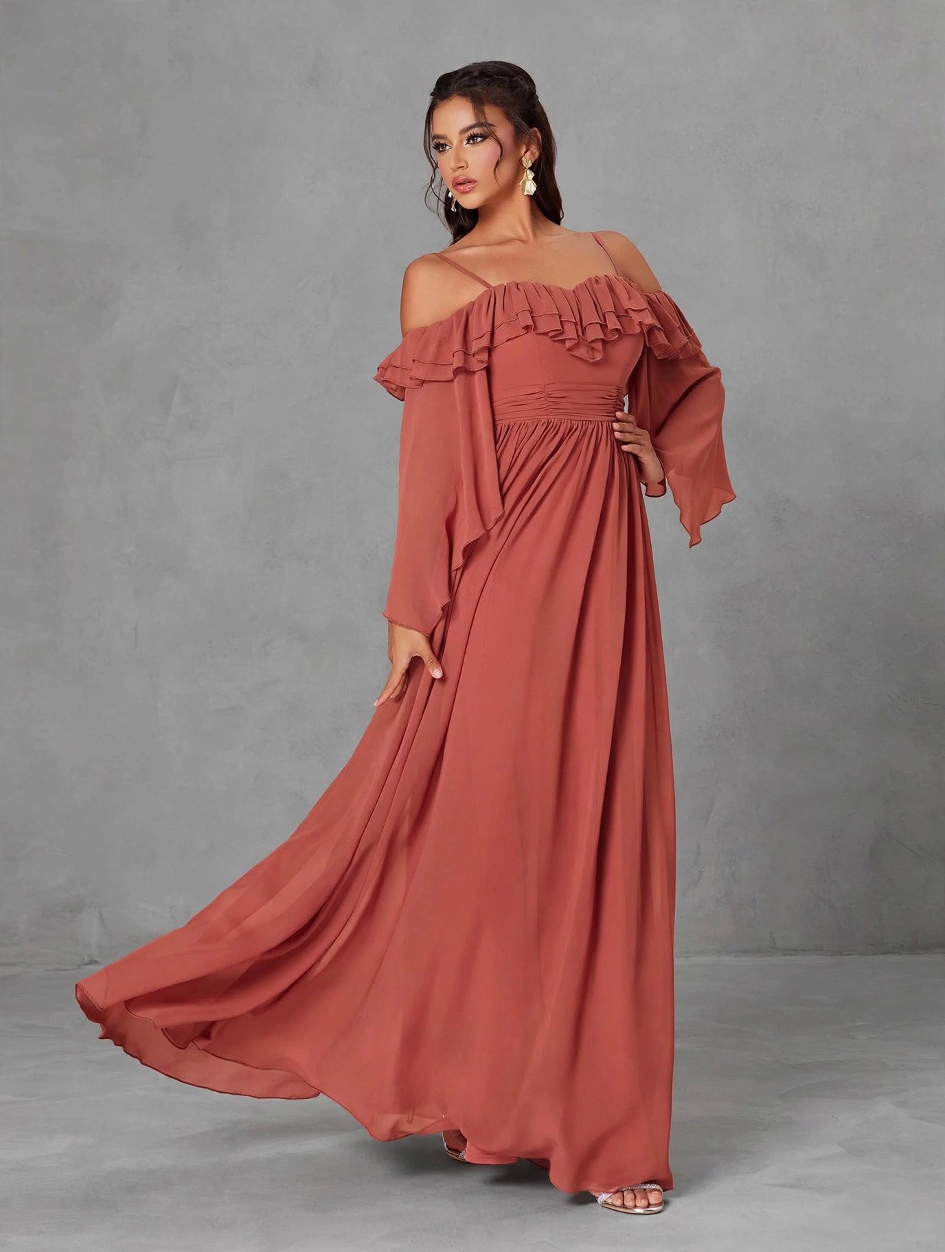 One Shoulder Ruffle Chiffon Evening Gown