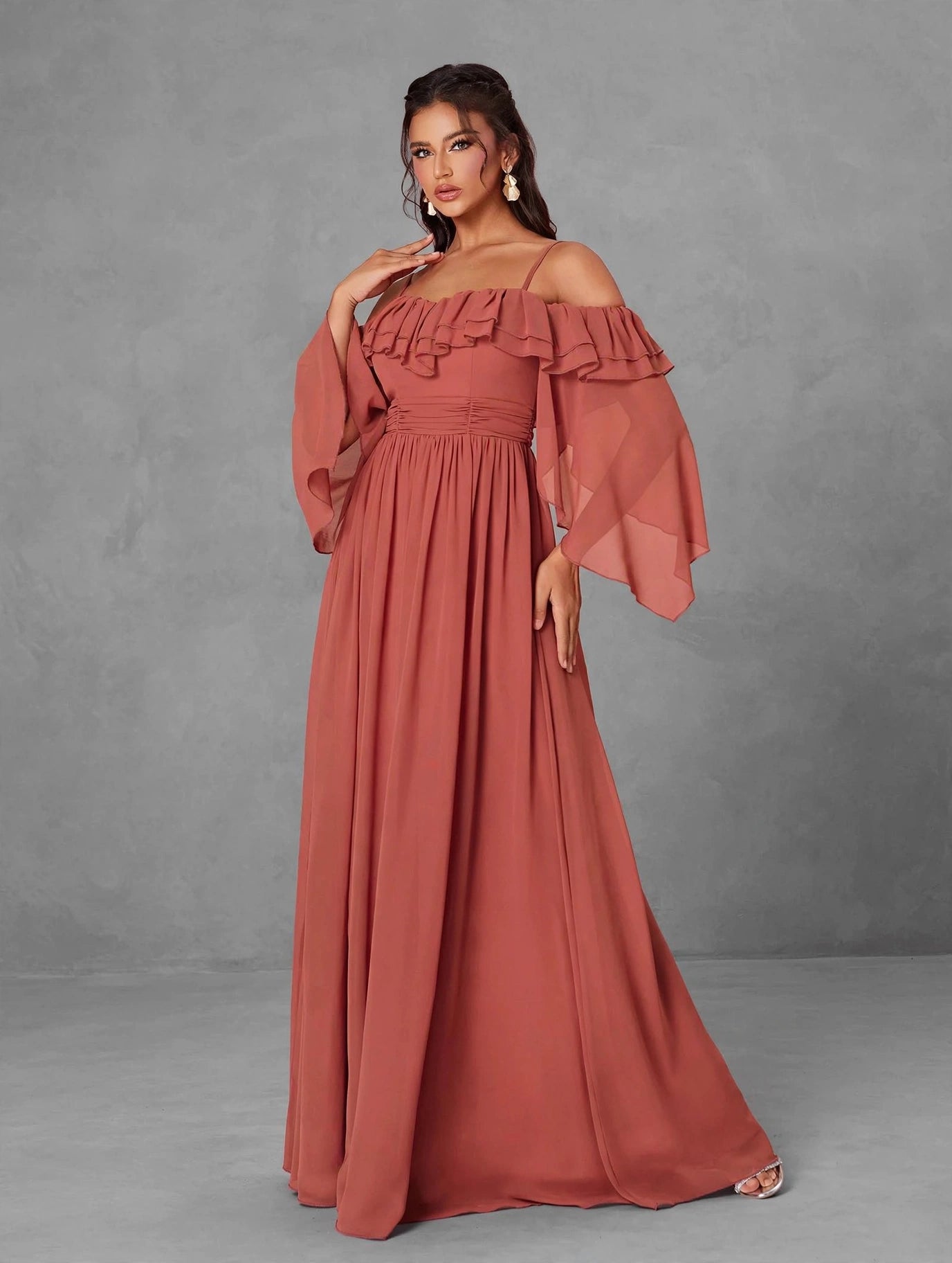 One Shoulder Ruffle Chiffon Evening Gown