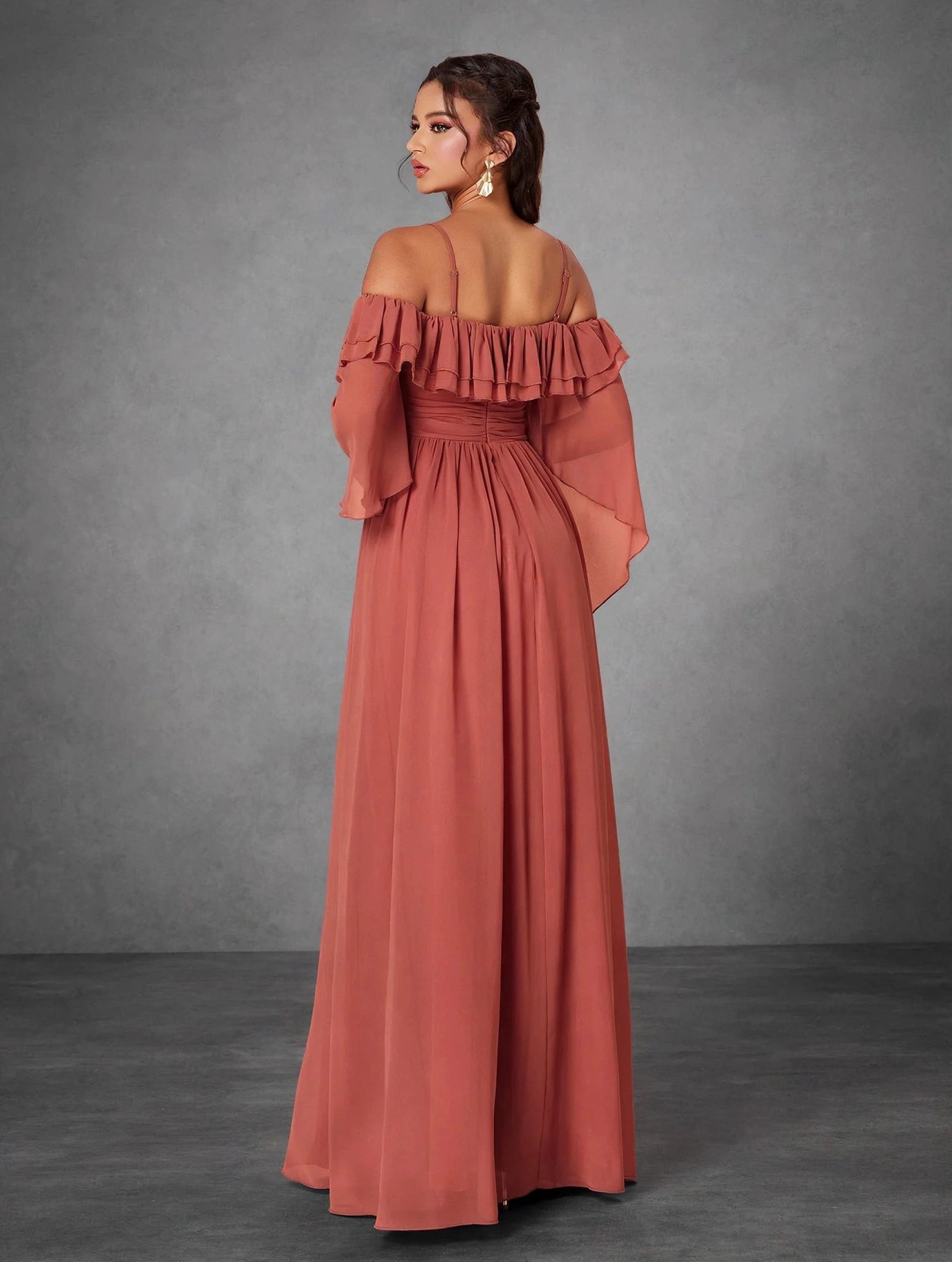 One Shoulder Ruffle Chiffon Evening Gown