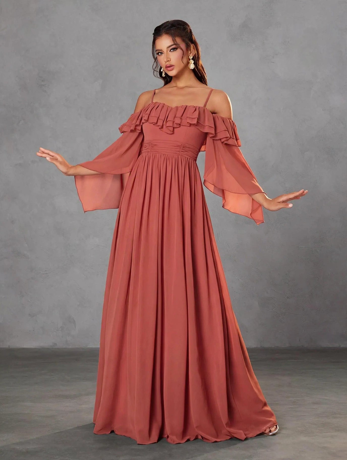 One Shoulder Ruffle Chiffon Evening Gown