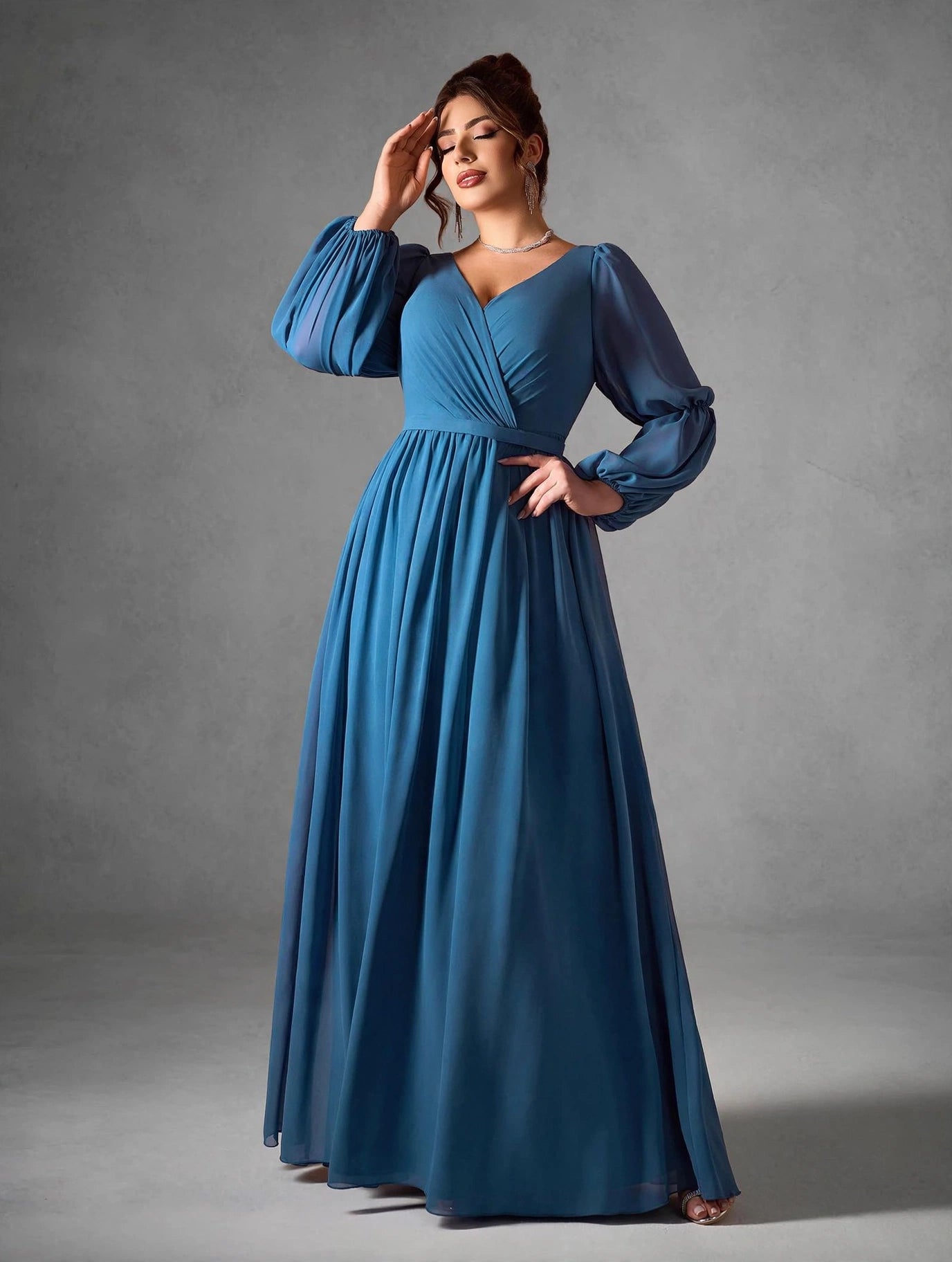 Pearl Chiffon Double Lantern Long-sleeved Grand Swing High-end Evening Dress