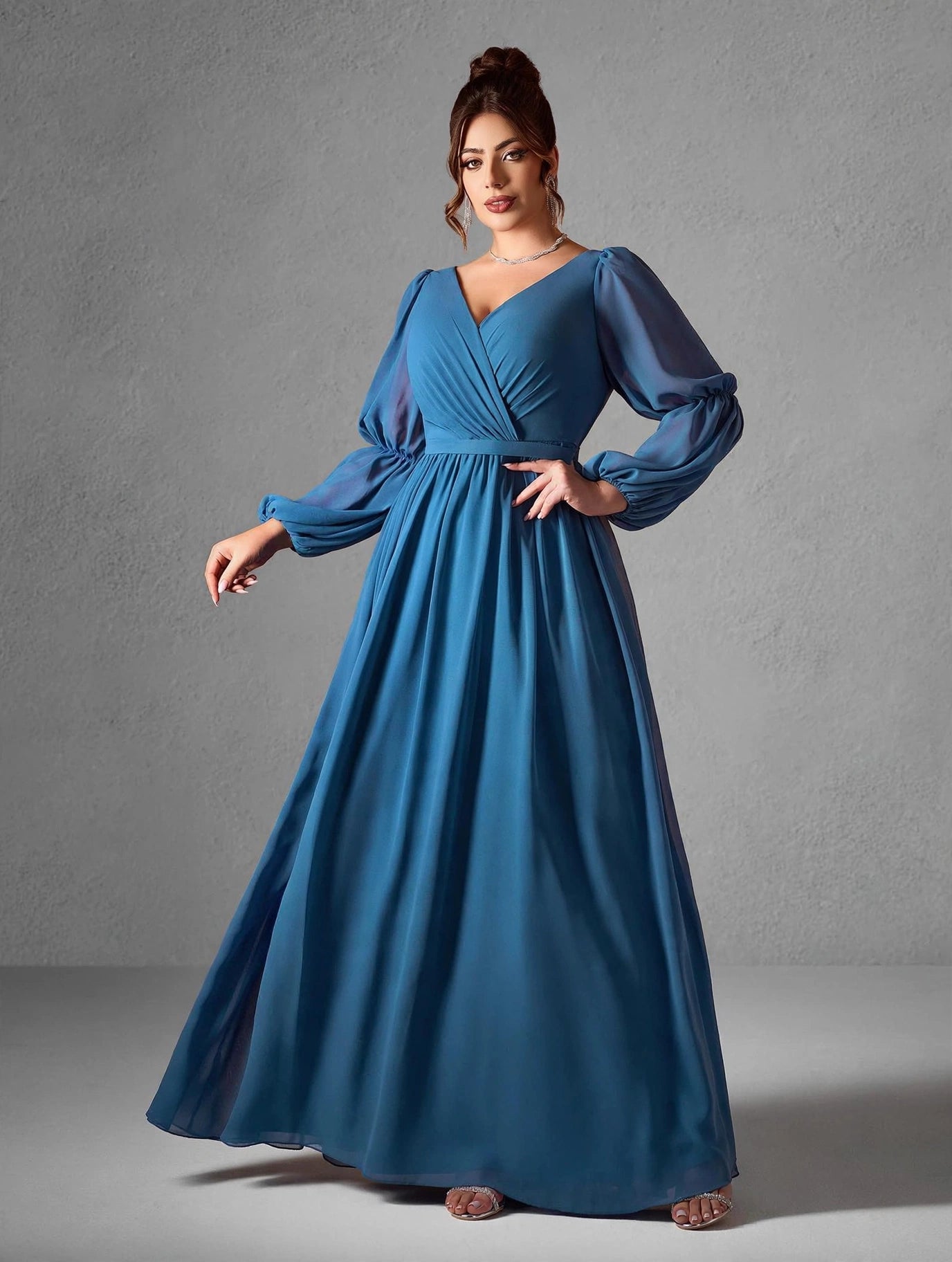 Pearl Chiffon Double Lantern Long-sleeved Grand Swing High-end Evening Dress
