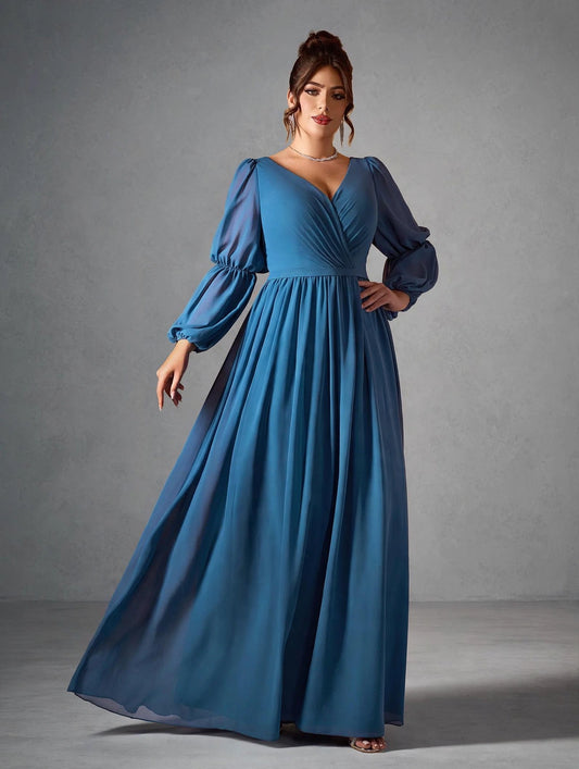 Pearl Chiffon Double Lantern Long-sleeved Grand Swing High-end Evening Dress