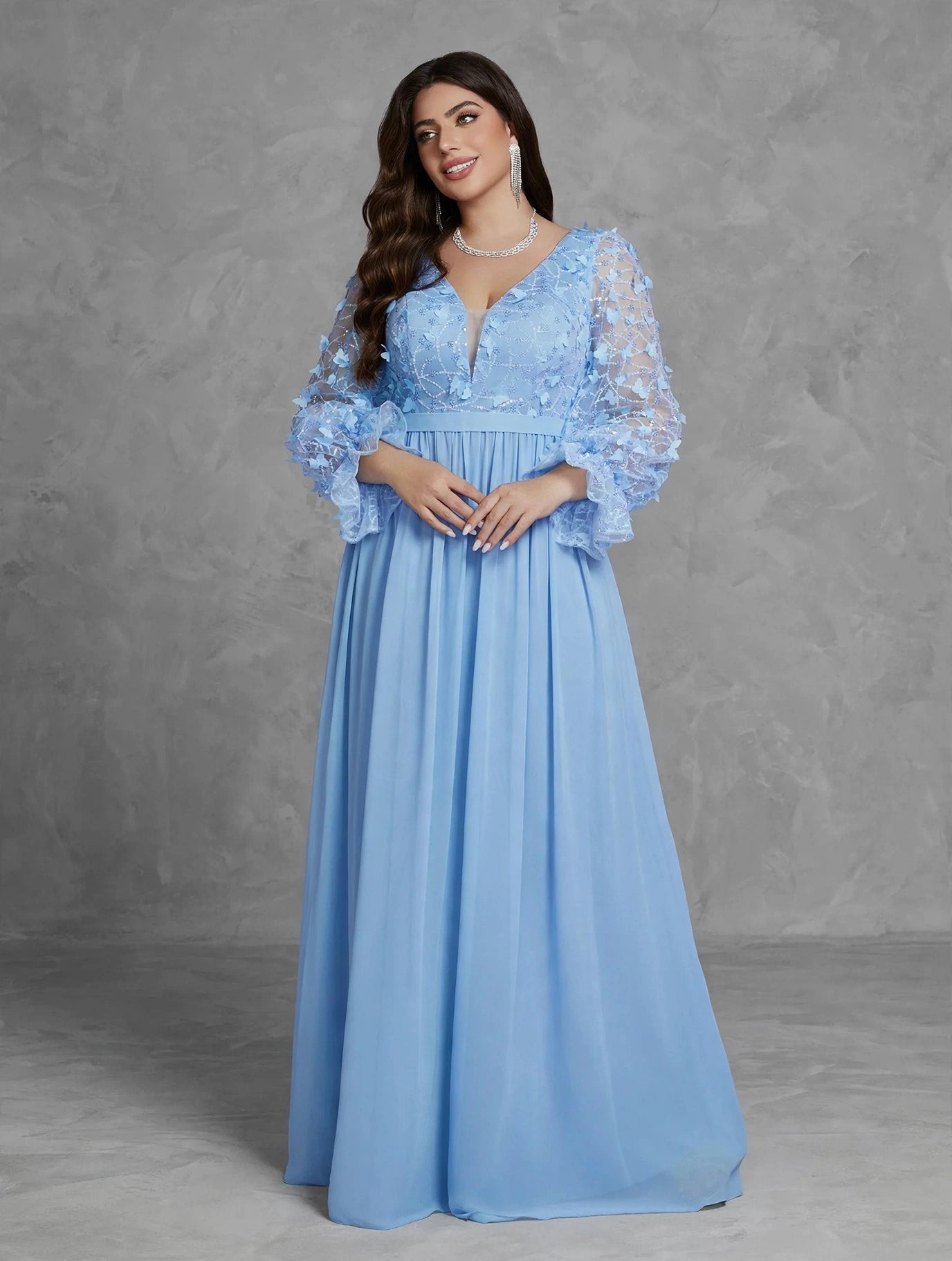 Butterfly Sequin Pearl Chiffon Evening Dress