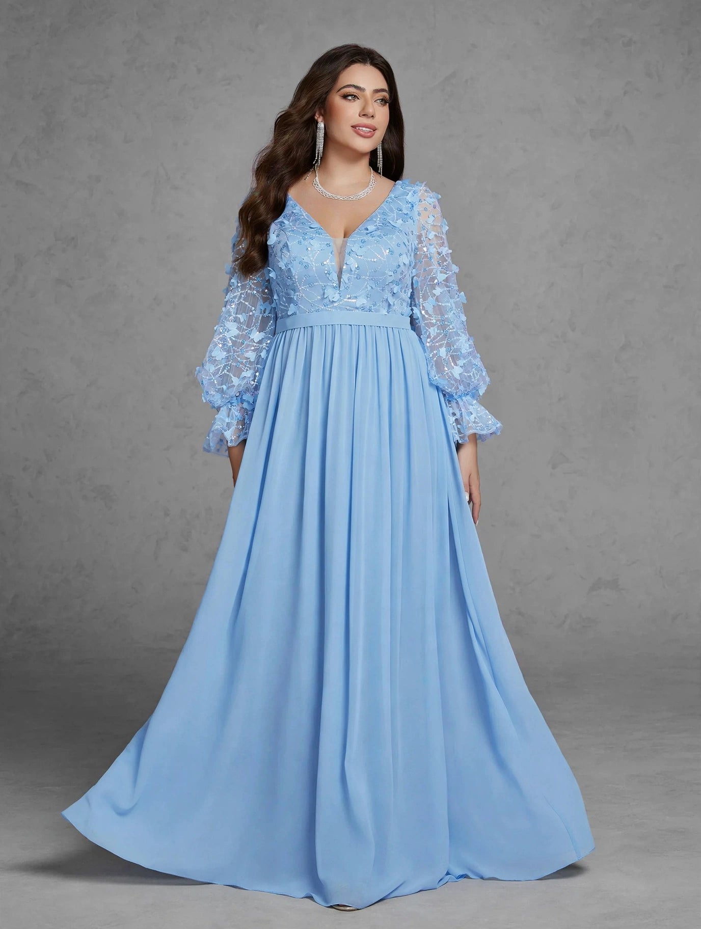 Butterfly Sequin Pearl Chiffon Evening Dress